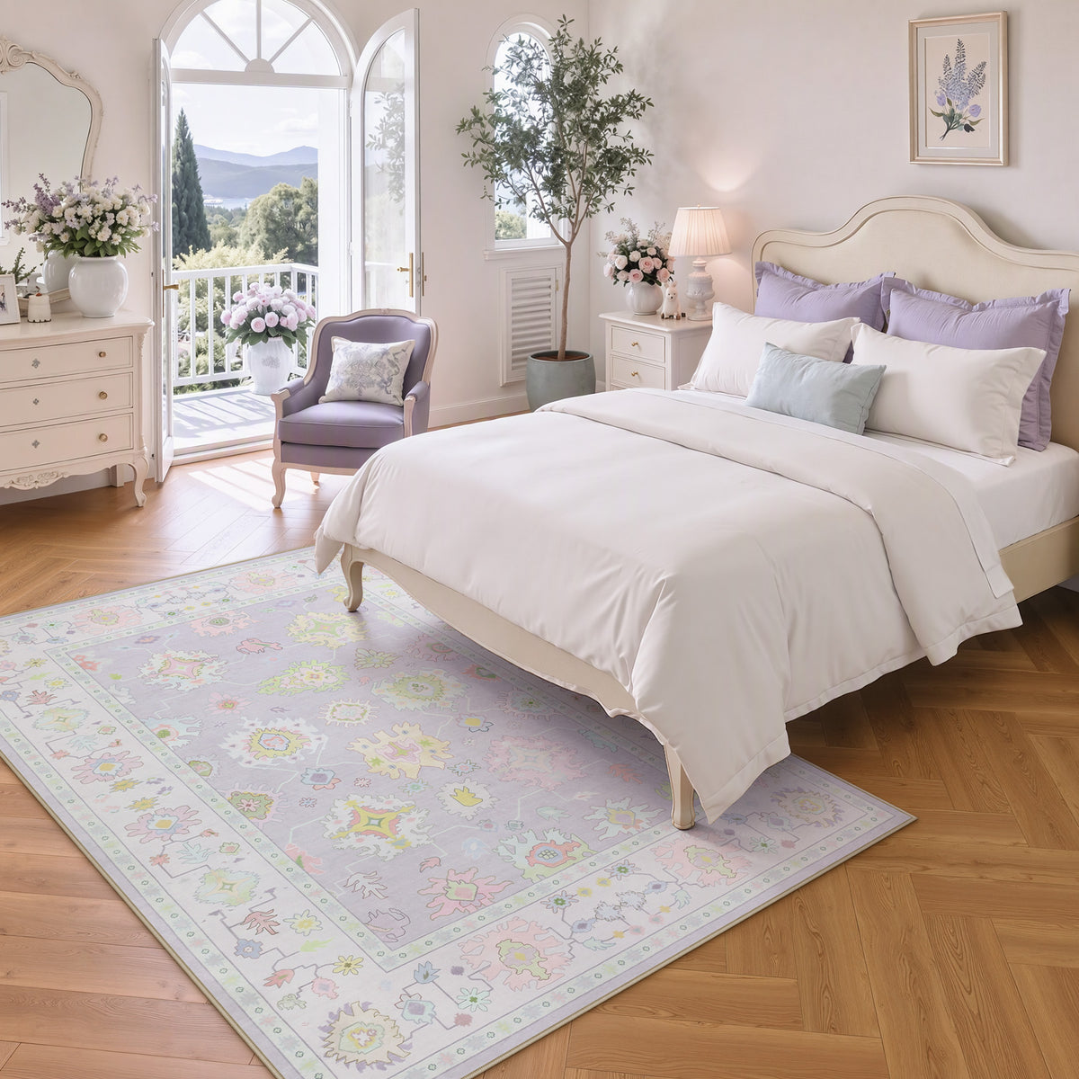 5x7/8x10/9x12 Boho Oushak Area Rug, Floral Washable Non Slip Low Pile Area Rug, Oeko-Tex Certified