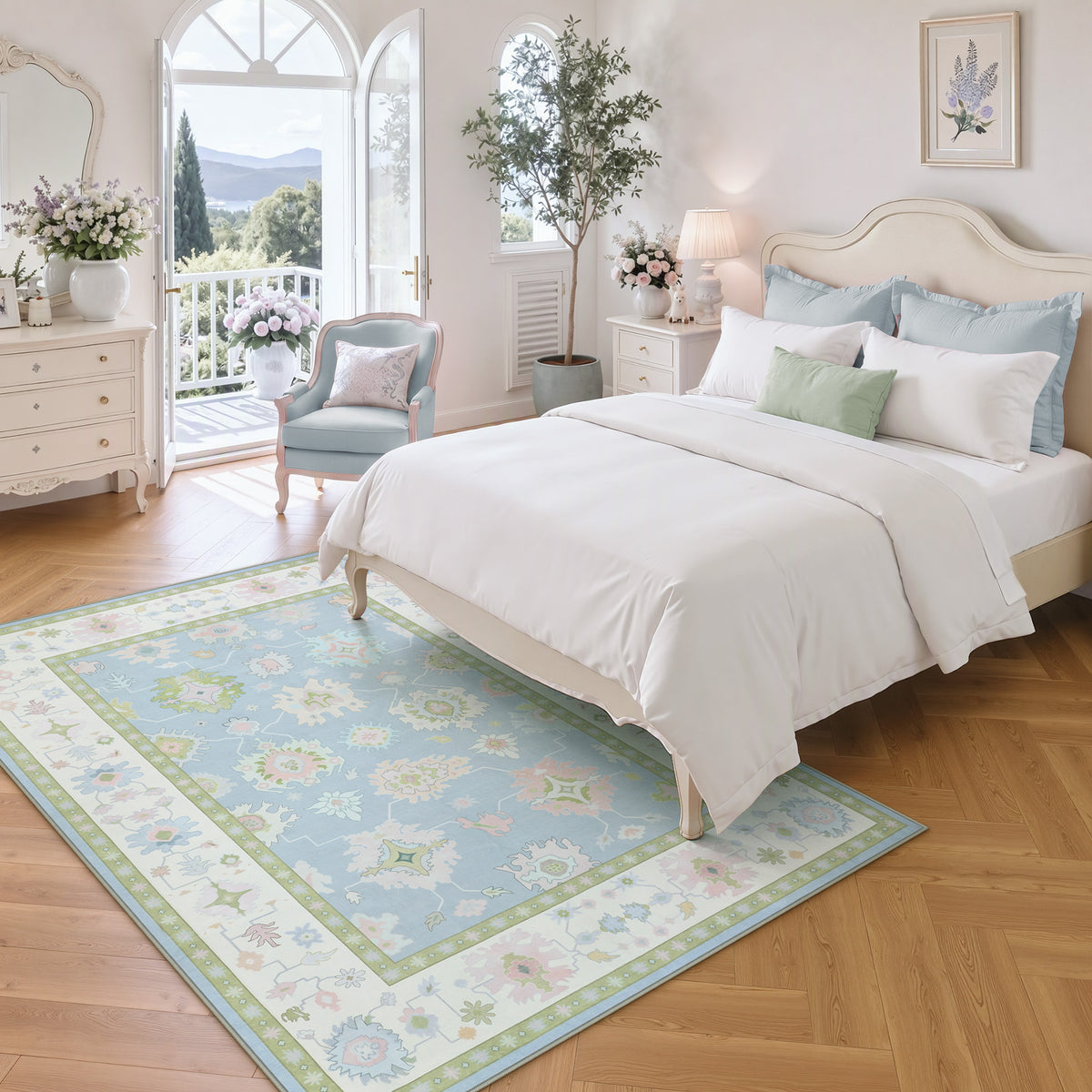5x7/8x10/9x12 Boho Oushak Area Rug, Floral Washable Non Slip Low Pile Area Rug, Oeko-Tex Certified