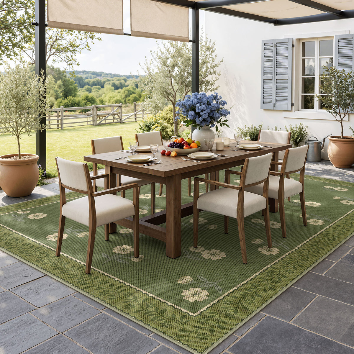 Farmhouse Floral Easy Jute Rug Washable Indoor Outdoor Low-Pile Area Rug