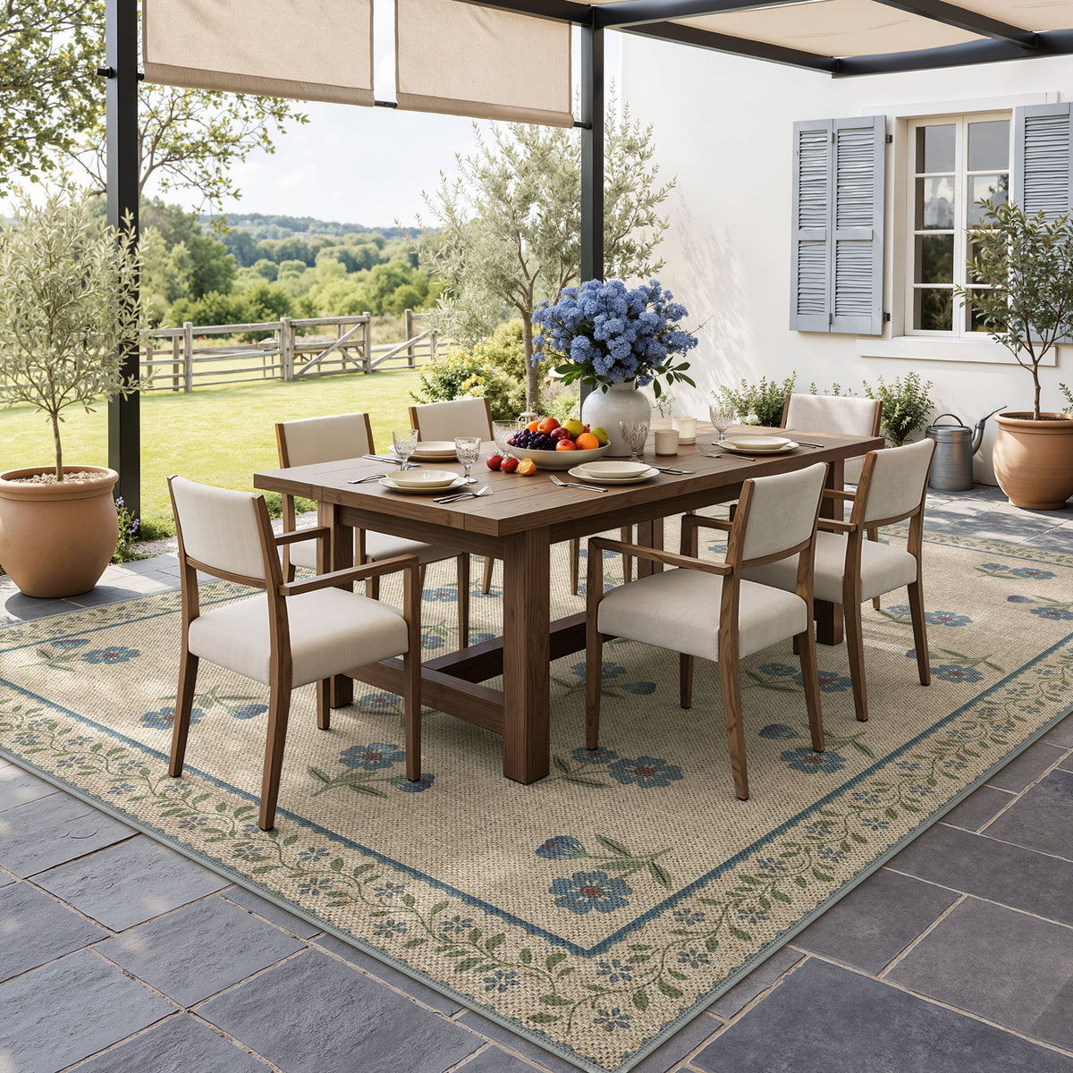 Farmhouse Floral Easy Jute Rug Washable Indoor Outdoor Low-Pile Area Rug