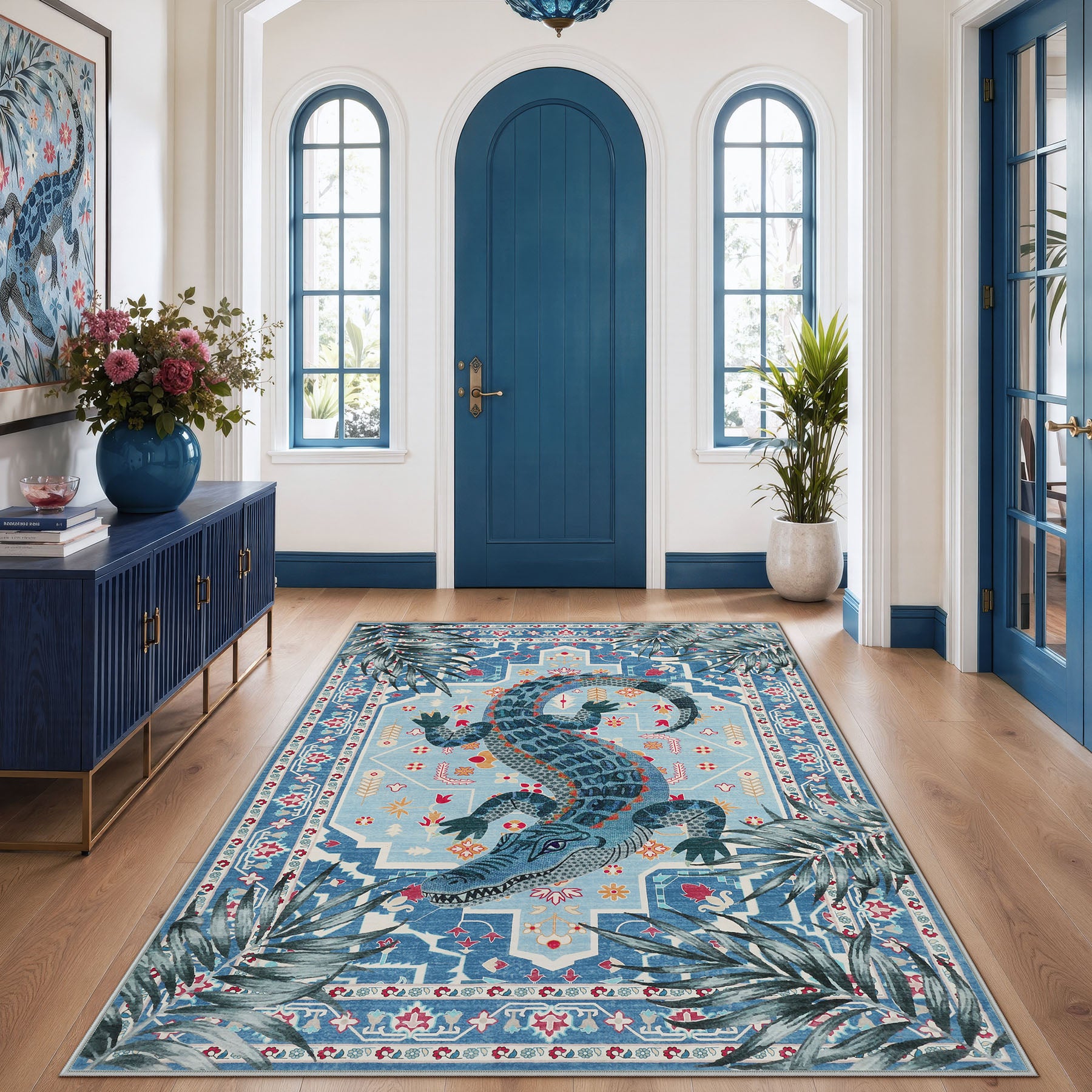 Vintage Alligator Print Area Rug, Washable Non-Slip Soft Low-Pile Carpet, Bedroom Living Room Kids