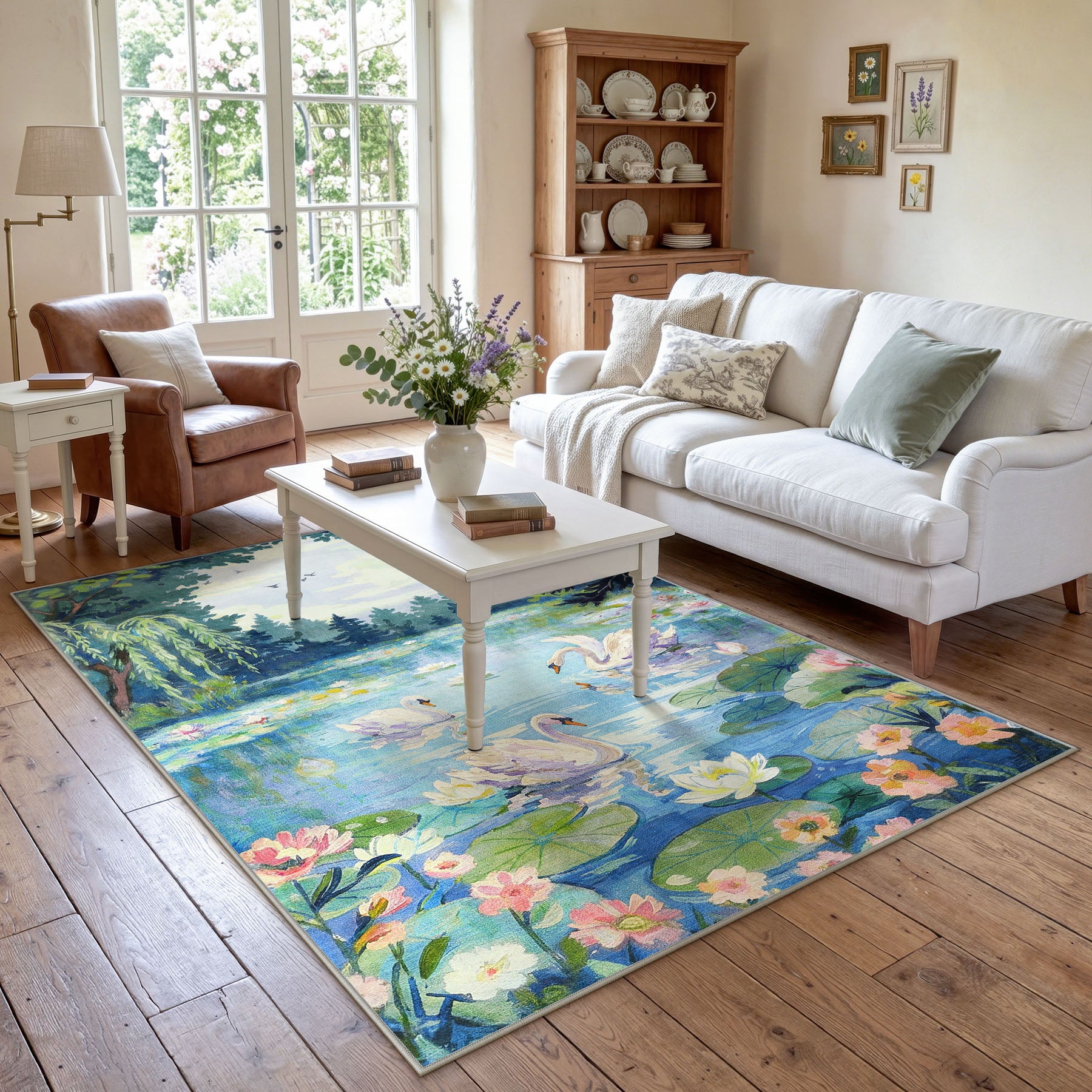 3x5/5x7 Swan Lake in oil painting style Area Rugs, Washable Living Room Runner Soft Non Slip Carpet, Oeko-Tex Certified