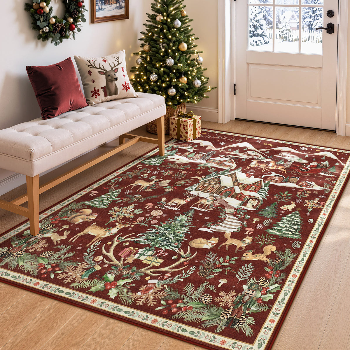 Christmas Runner Rug,Washable Non-Slip Holiday Carpet for Hallway Entryway