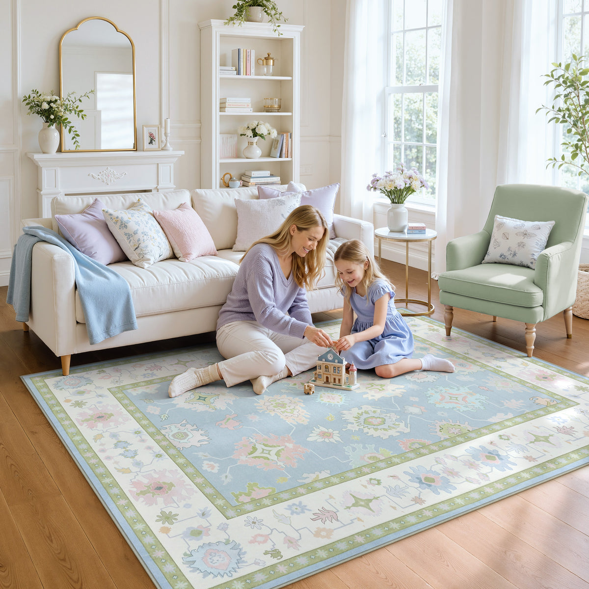 5x7/8x10/9x12 Boho Oushak Area Rug, Floral Washable Non Slip Low Pile Area Rug, Oeko-Tex Certified