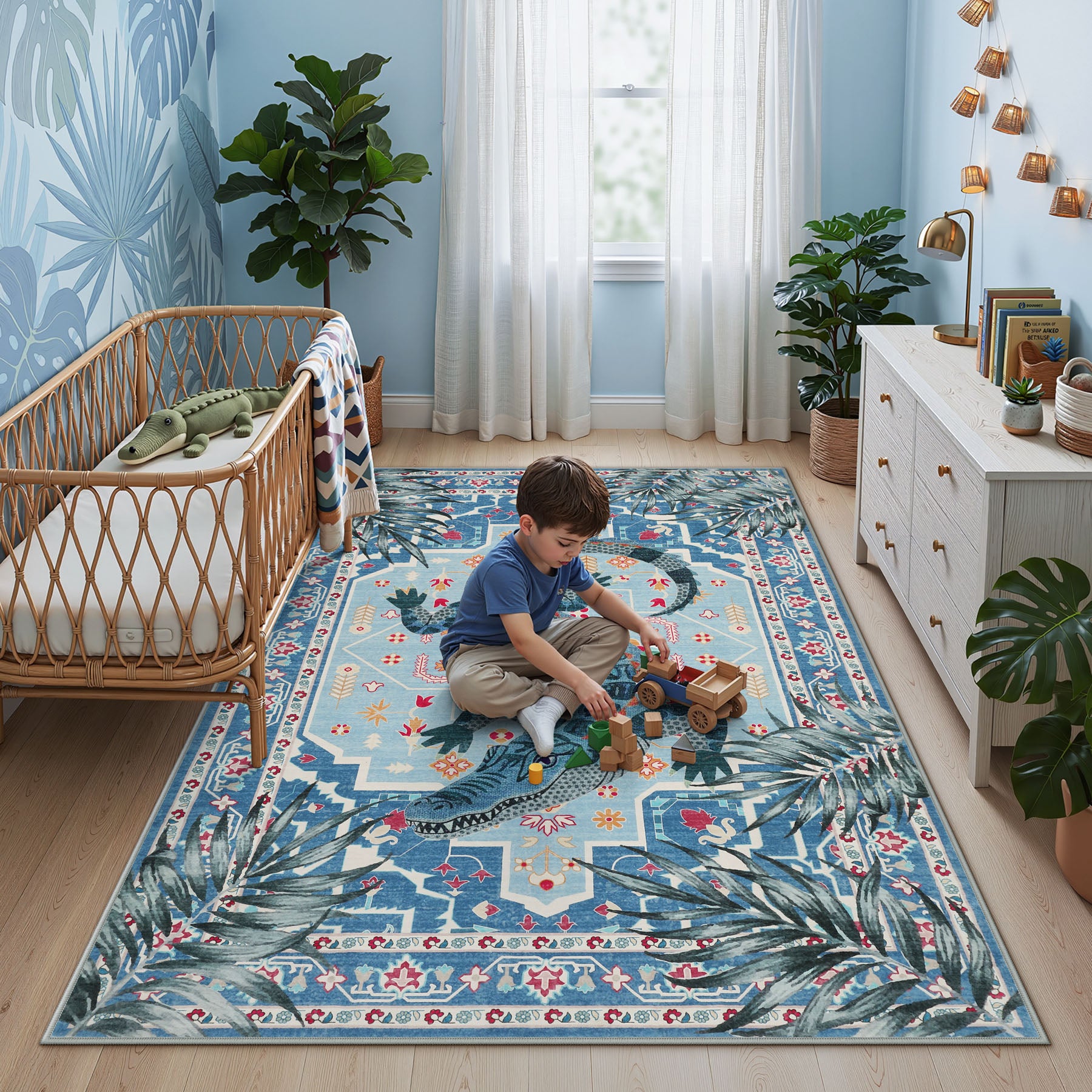 Vintage Alligator Print Area Rug, Washable Non-Slip Soft Low-Pile Carpet, Bedroom Living Room Kids