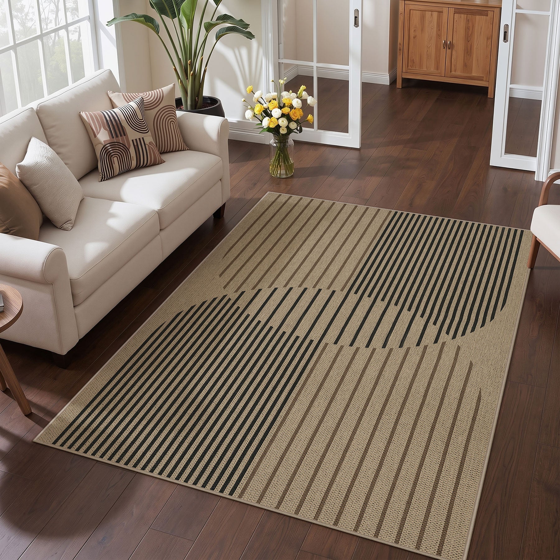 Boho Jute Washable Area Rug, Non-Slip Neutral Abstract, Indoor Outdoor Entryway Kitchen Patio Rug