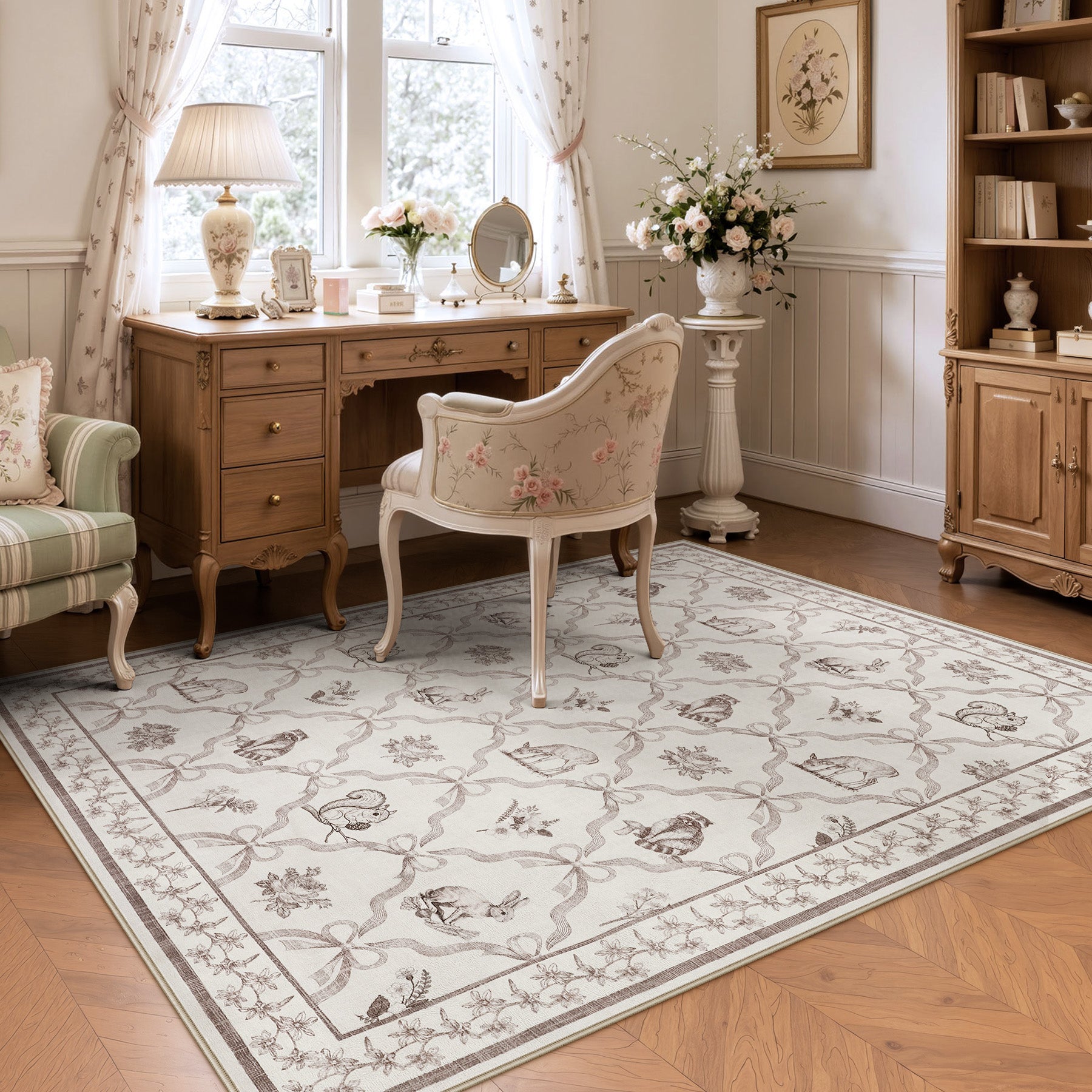 3x5/5x7 Boho Animal Floral Area Rugs for Living Room, Bow Soft Washable Non-Slip Low Pile Carpet, Oeko-Tex Certified