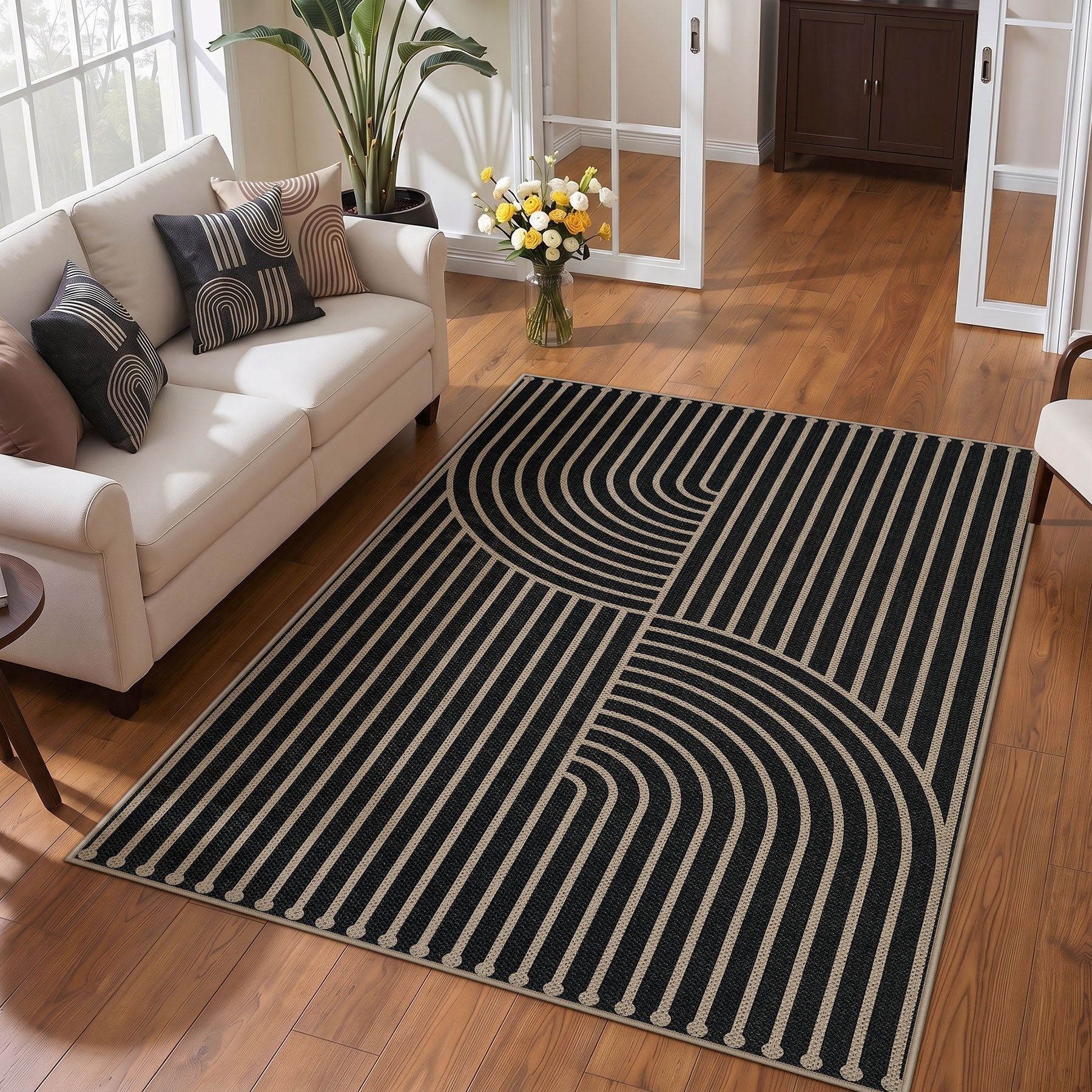 Boho Jute Washable Area Rug, Non-Slip Neutral Abstract, Indoor Outdoor Entryway Kitchen Patio Rug