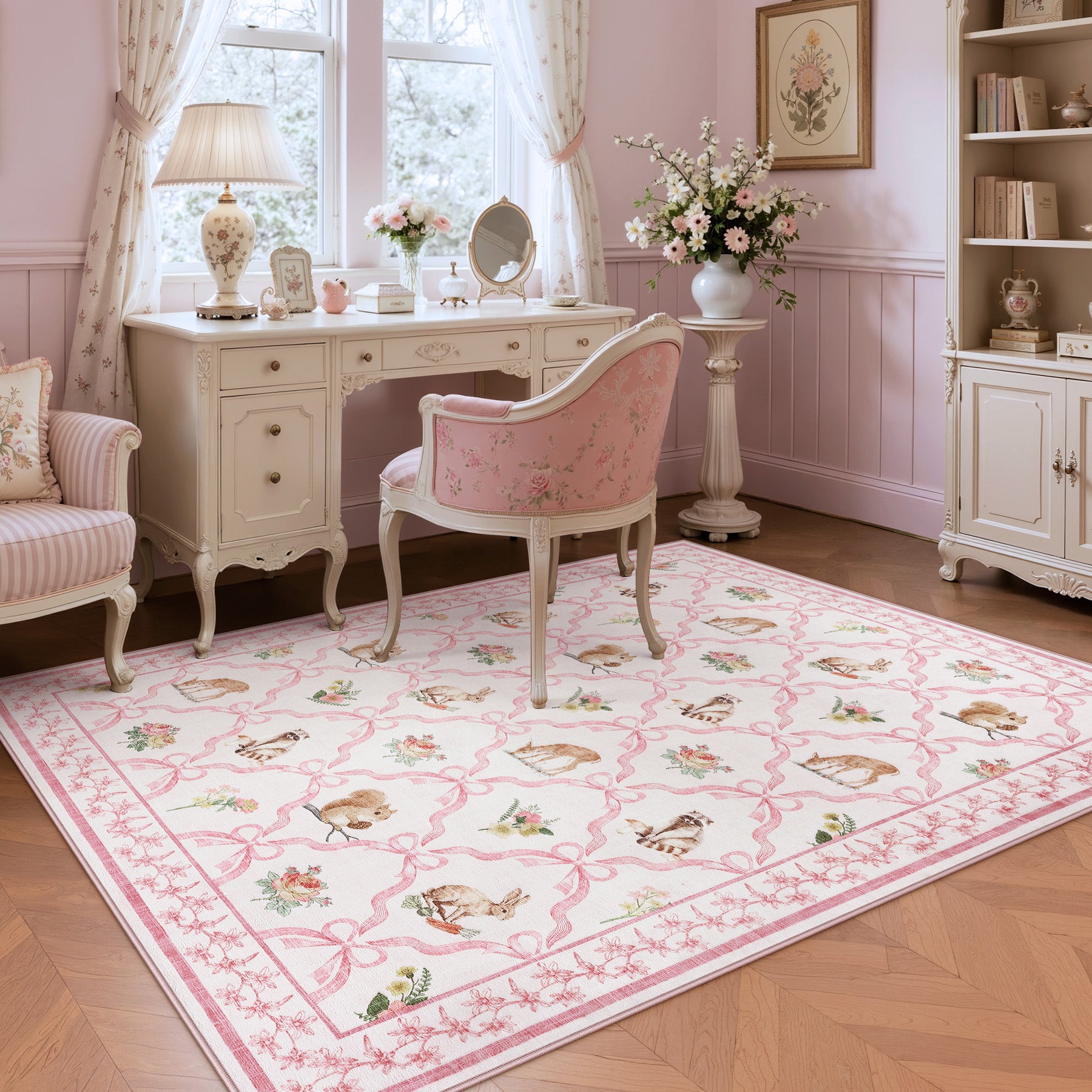 3x5/5x7 Boho Animal Floral Area Rugs for Living Room, Bow Soft Washable Non-Slip Low Pile Carpet, Oeko-Tex Certified