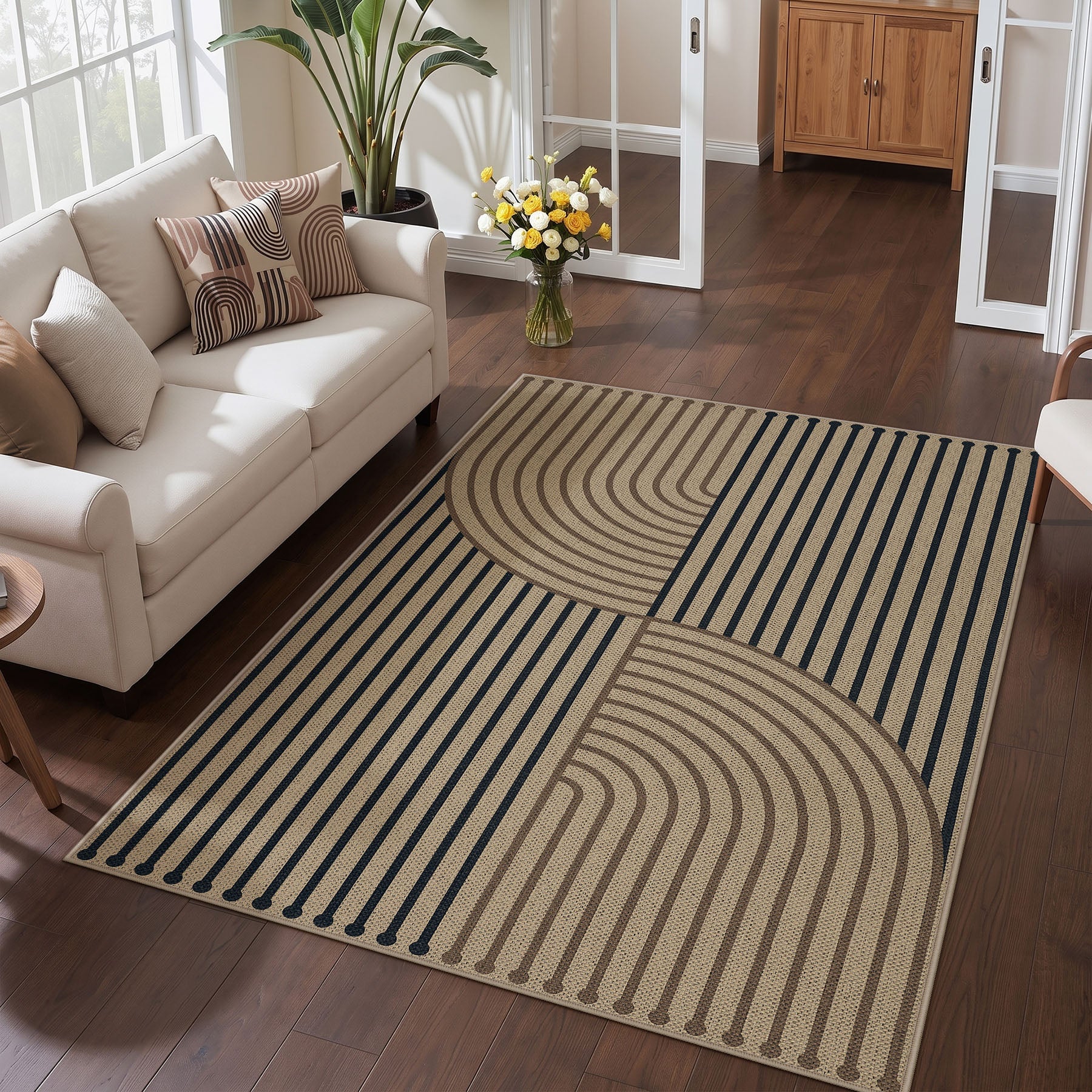 Boho Jute Washable Area Rug, Non-Slip Neutral Abstract, Indoor Outdoor Entryway Kitchen Patio Rug