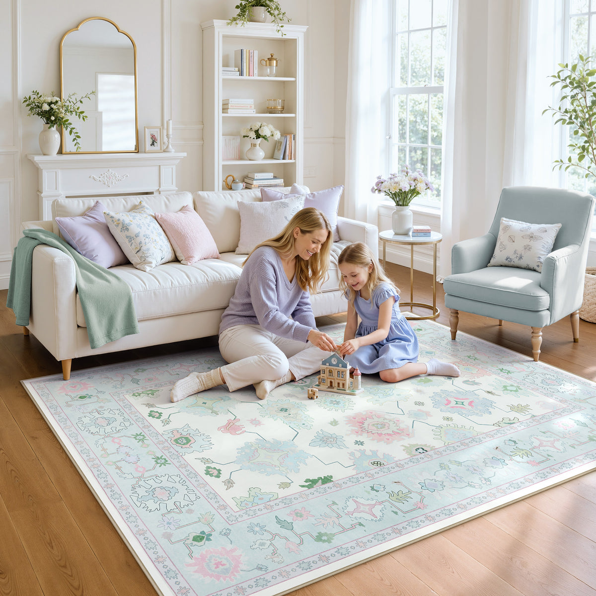 5x7/8x10/9x12 Boho Oushak Area Rug, Floral Washable Non Slip Low Pile Area Rug, Oeko-Tex Certified