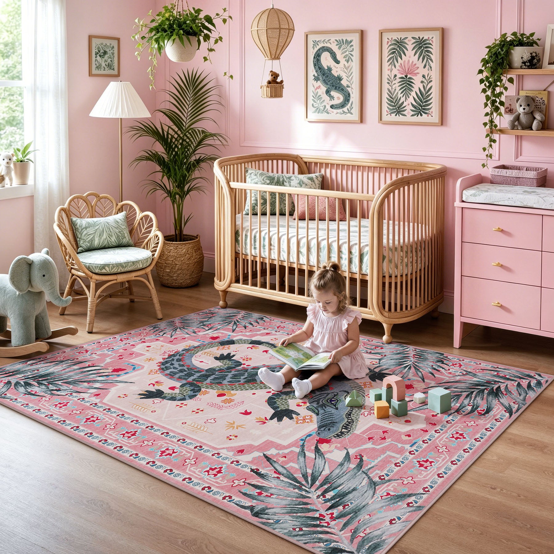 Vintage Alligator Print Area Rug, Washable Non-Slip Soft Low-Pile Carpet, Bedroom Living Room Kids