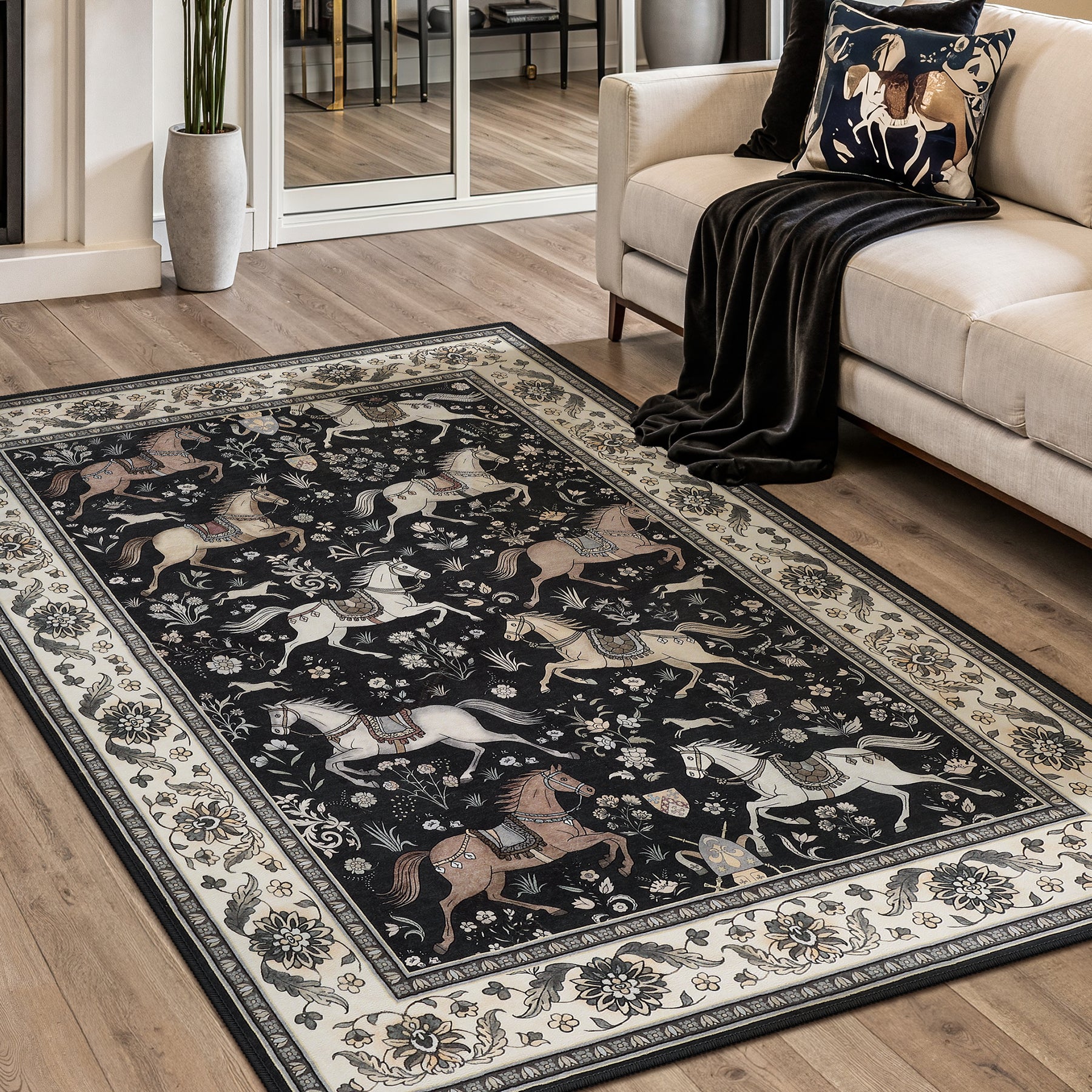 5x7 Boho Horse Print Area Rug, Vintage Animal Washable Non-Slip Carpet with Tassels, Oeko-Tex Certified