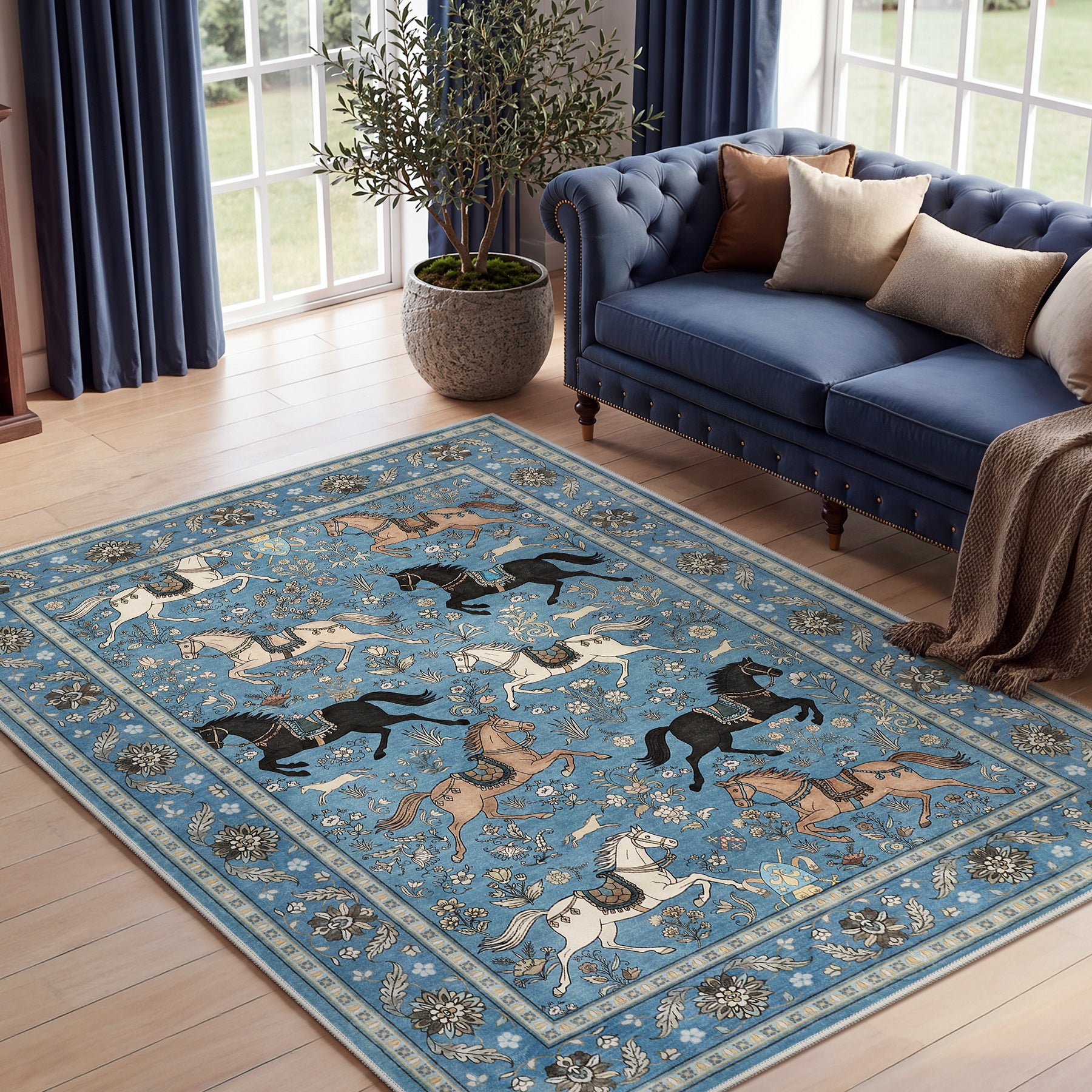 5x7 Boho Horse Print Area Rug, Vintage Animal Washable Non-Slip Carpet with Tassels, Oeko-Tex Certified