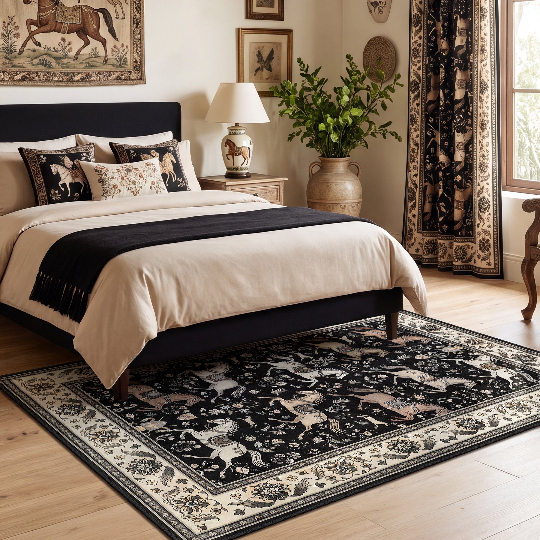 5x7 Boho Horse Print Area Rug, Vintage Animal Washable Non-Slip Carpet with Tassels, Oeko-Tex Certified