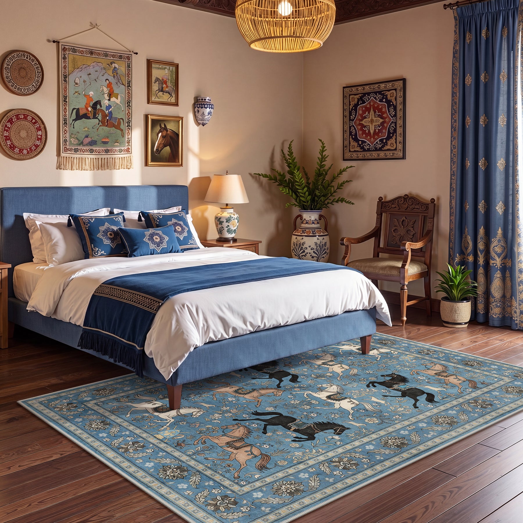 5x7 Boho Horse Print Area Rug, Vintage Animal Washable Non-Slip Carpet with Tassels, Oeko-Tex Certified