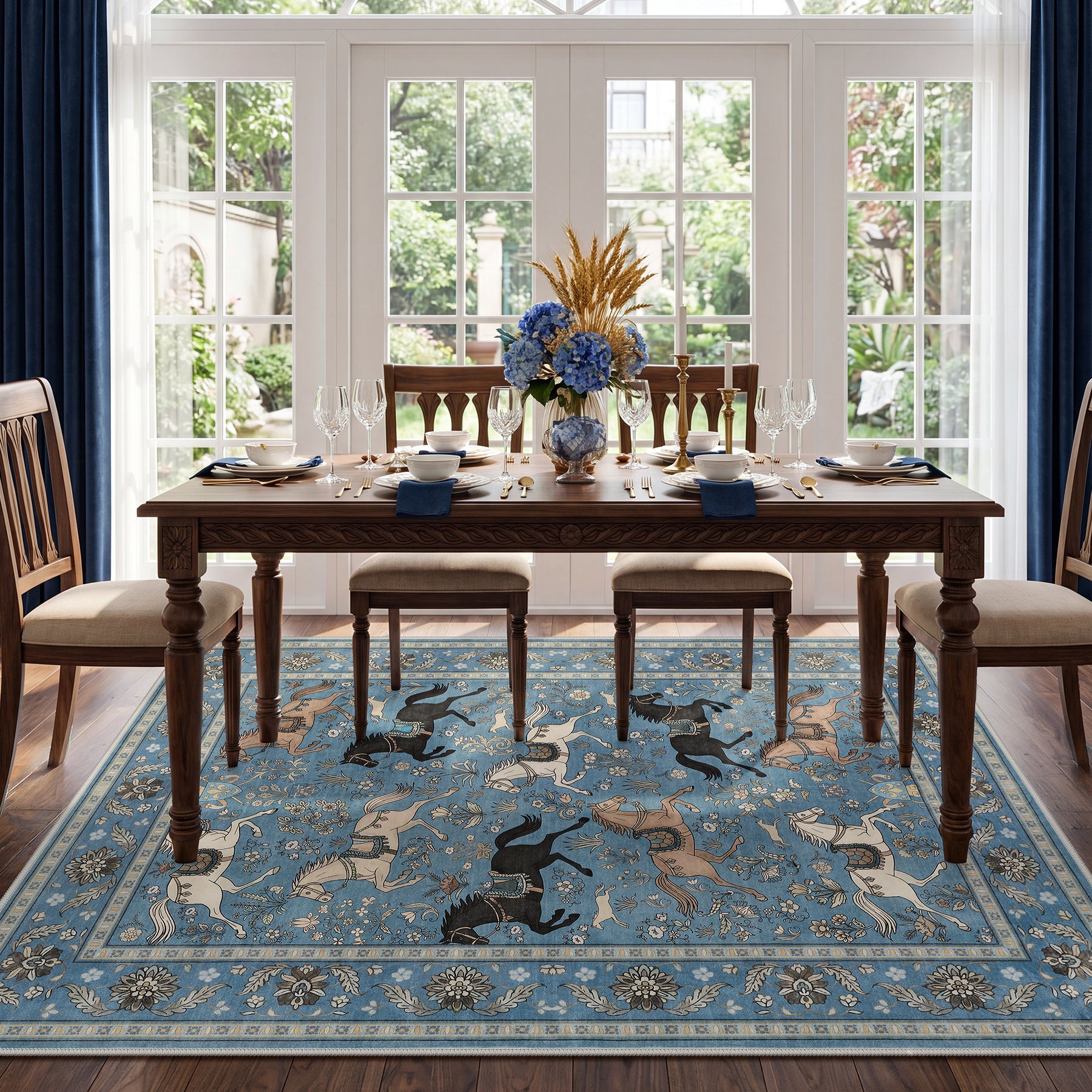 5x7 Boho Horse Print Area Rug, Vintage Animal Washable Non-Slip Carpet with Tassels, Oeko-Tex Certified