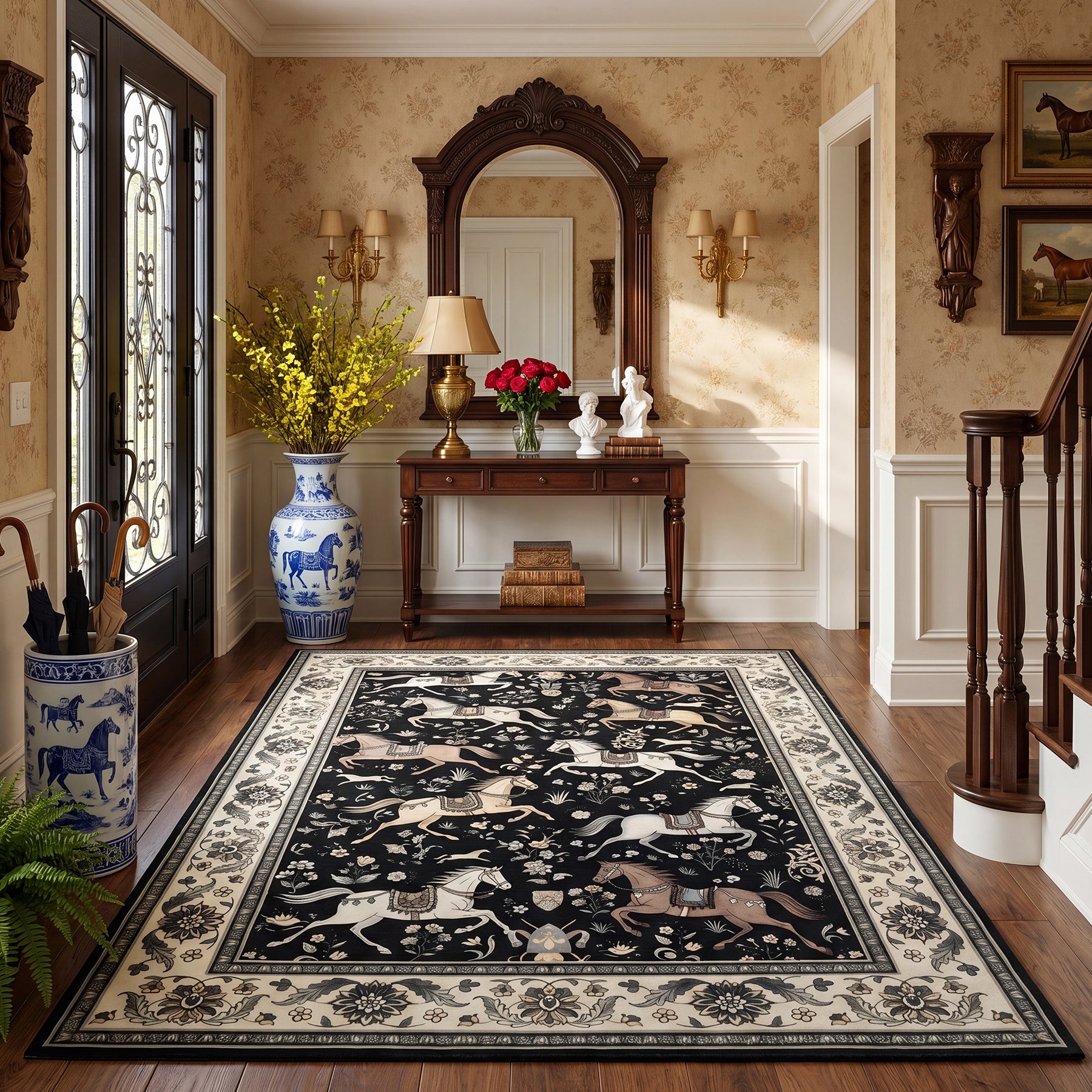 5x7 Boho Horse Print Area Rug, Vintage Animal Washable Non-Slip Carpet with Tassels, Oeko-Tex Certified