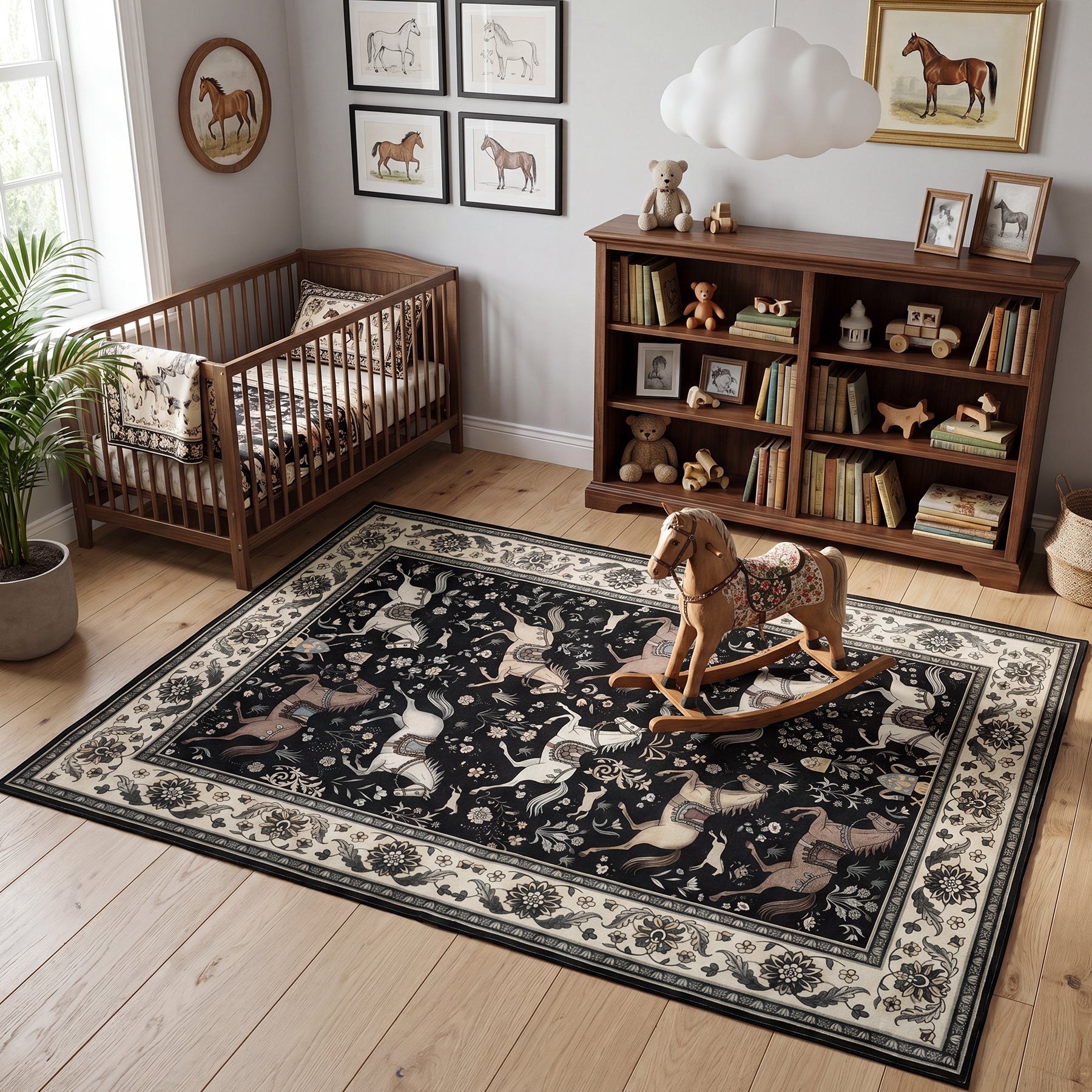 5x7 Boho Horse Print Area Rug, Vintage Animal Washable Non-Slip Carpet with Tassels, Oeko-Tex Certified