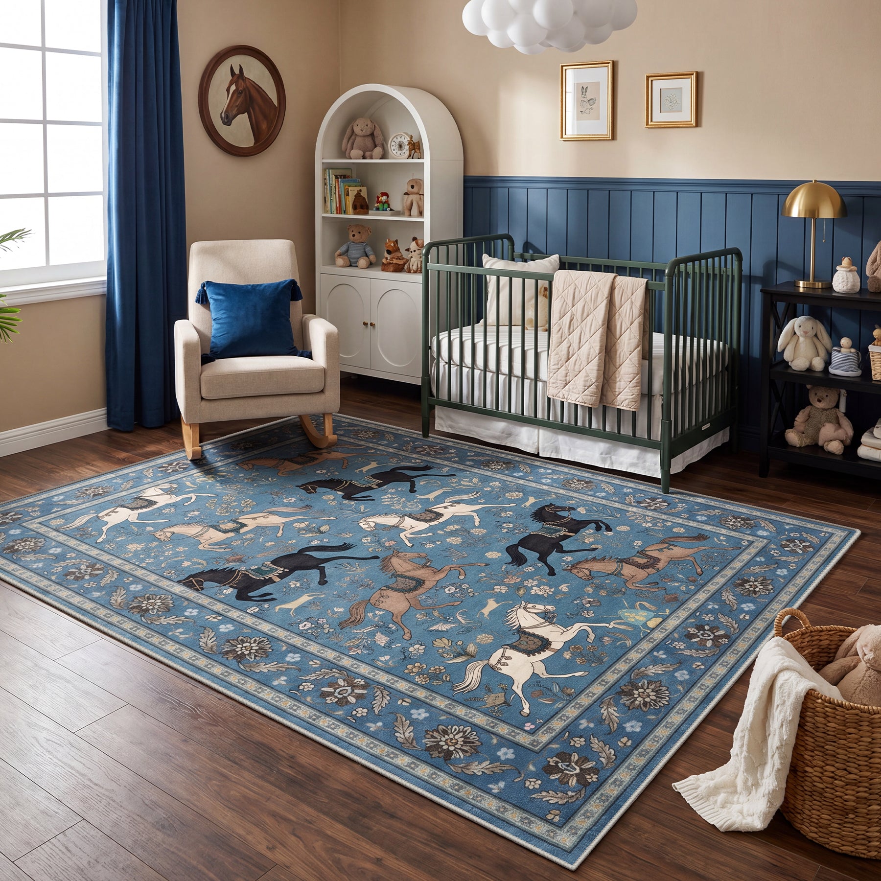 5x7 Boho Horse Print Area Rug, Vintage Animal Washable Non-Slip Carpet with Tassels, Oeko-Tex Certified