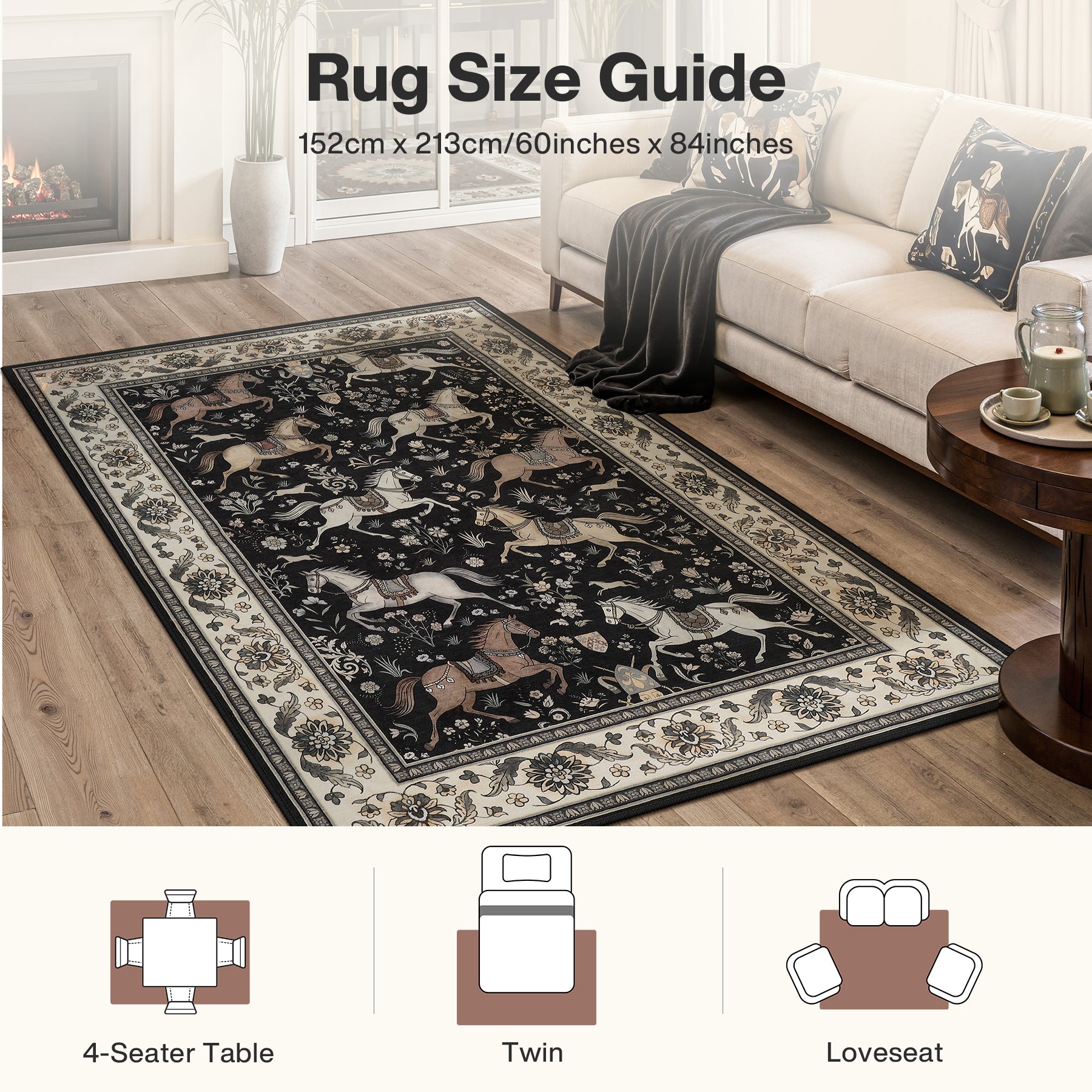 5x7 Boho Horse Print Area Rug, Vintage Animal Washable Non-Slip Carpet with Tassels, Oeko-Tex Certified