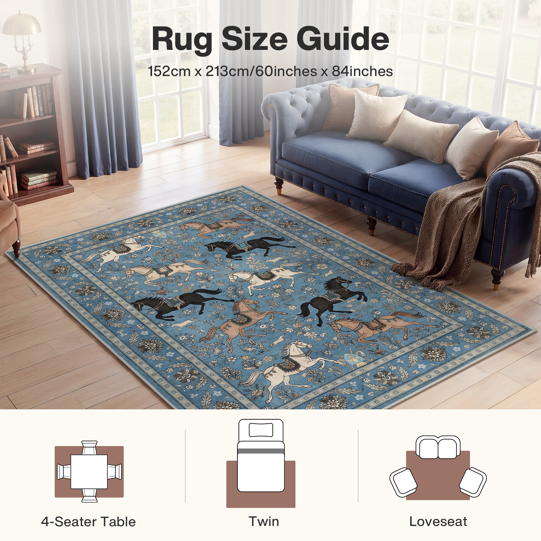 5x7 Boho Horse Print Area Rug, Vintage Animal Washable Non-Slip Carpet with Tassels, Oeko-Tex Certified
