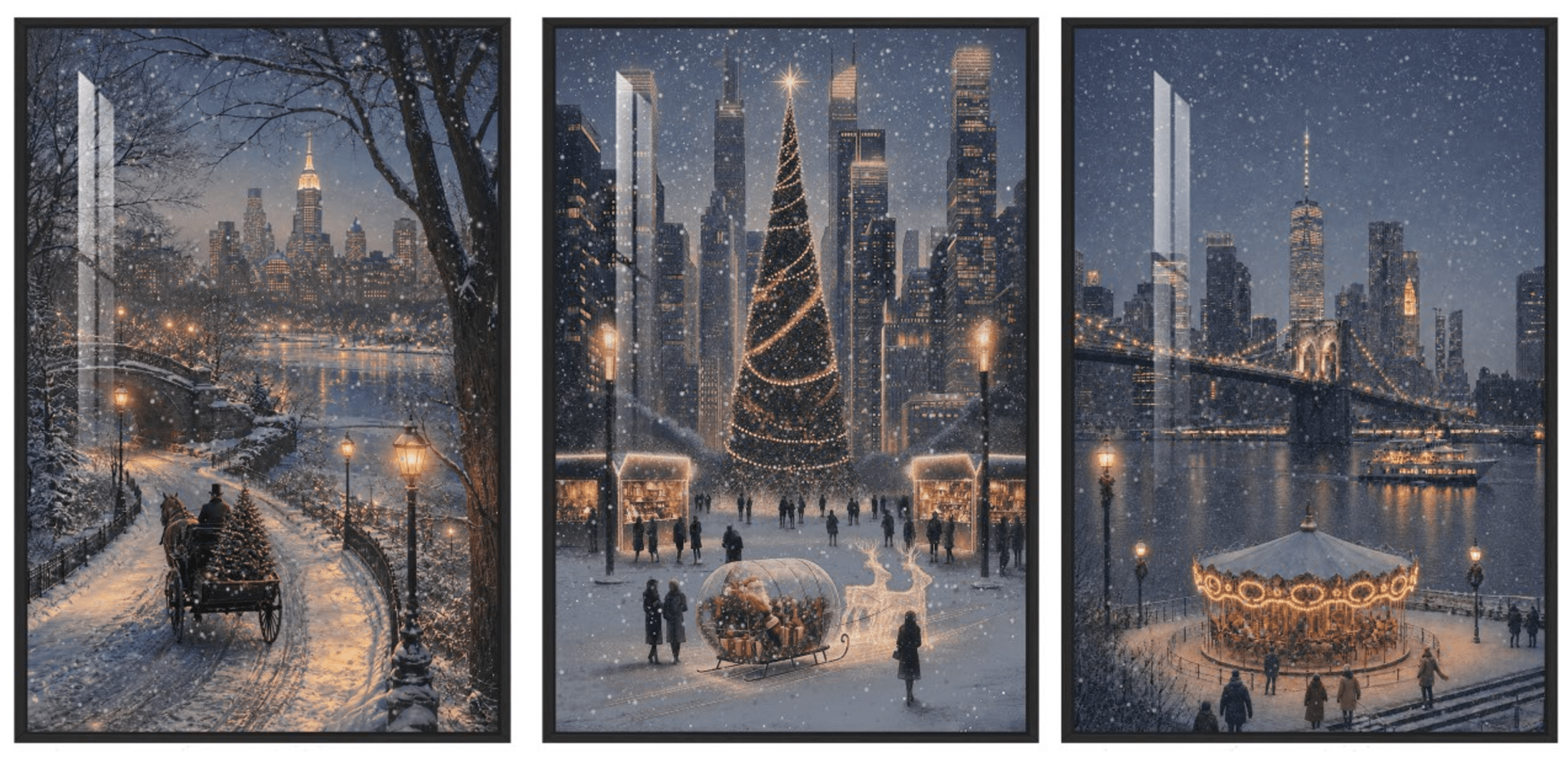 36x24 3-Piece New York Christmas Wall Art Triptych, Snowy Cityscape, Crystal Porcelain Framed