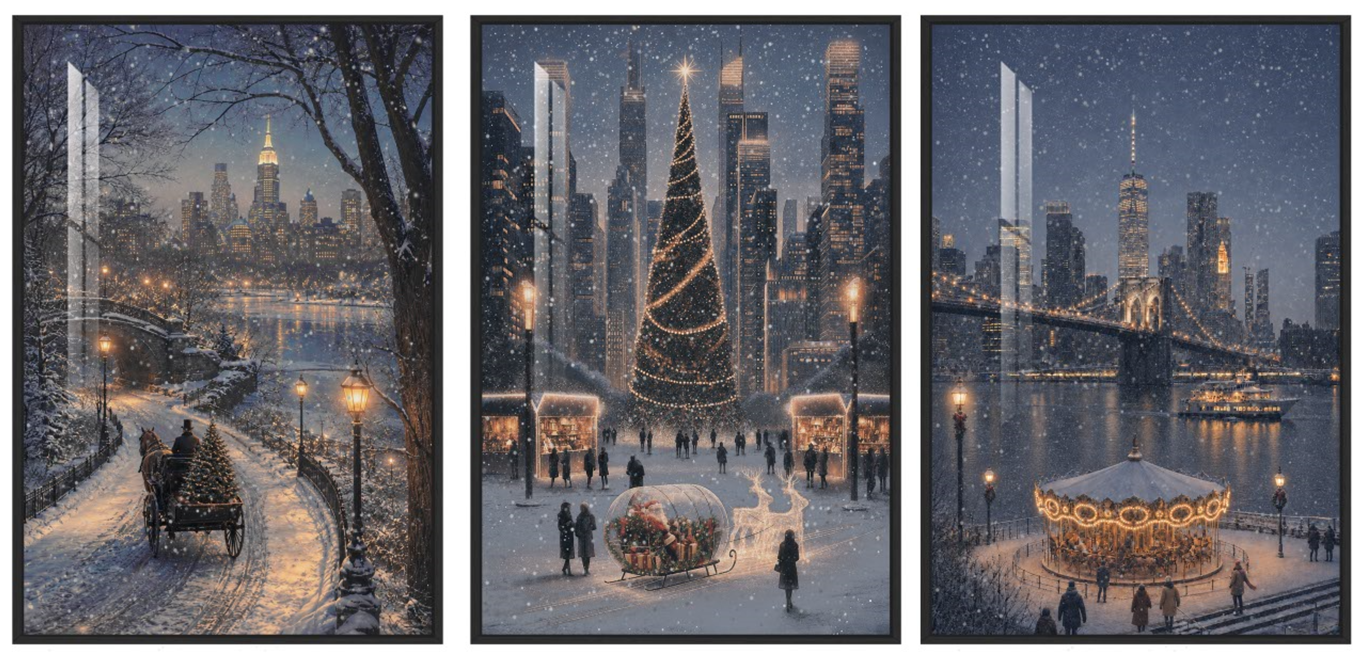 36x24 3-Piece New York Christmas Wall Art Triptych, Snowy Cityscape, Crystal Porcelain Framed