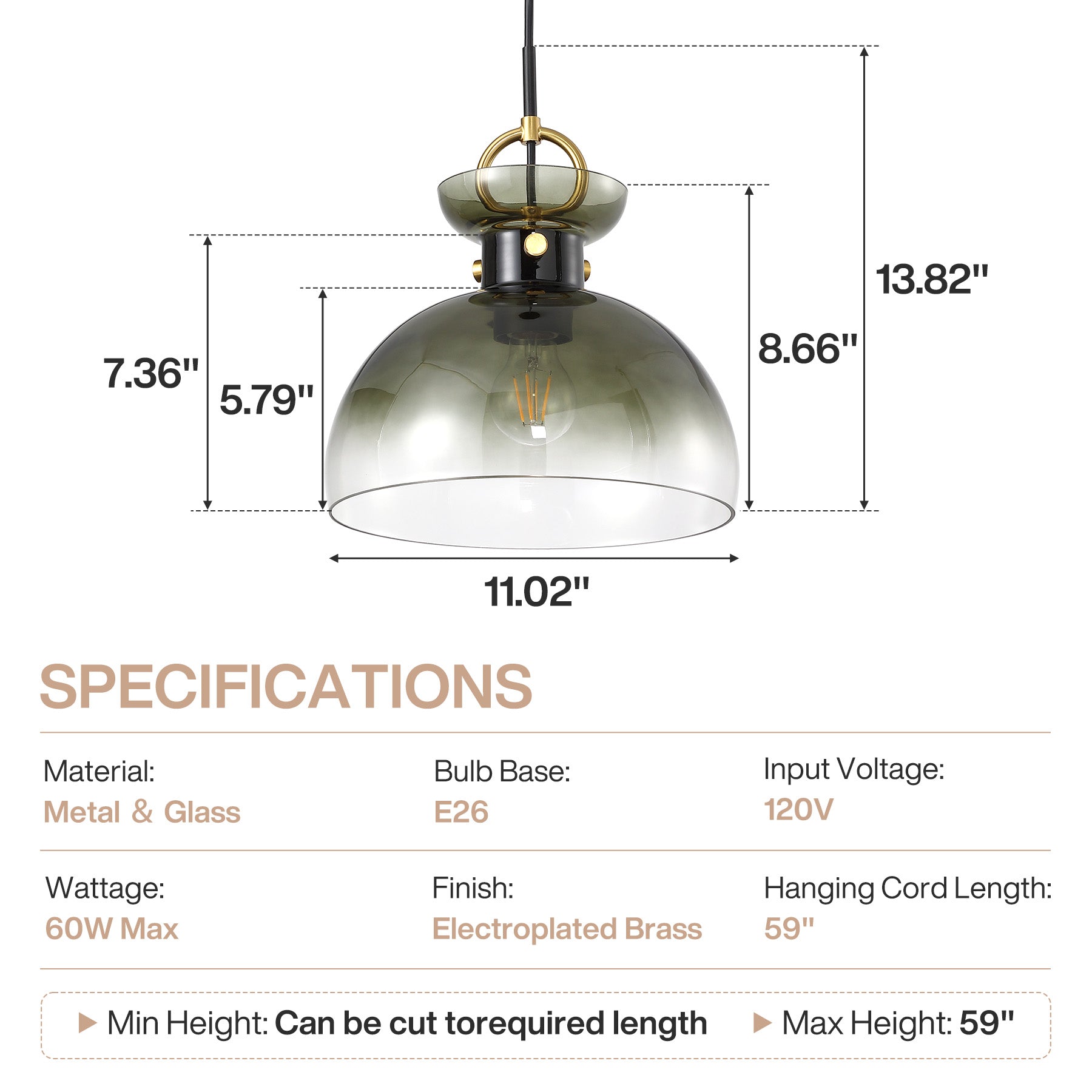 11" Modern Pendant Light Fixture with Gradient Green Glass Shade, E26 Base