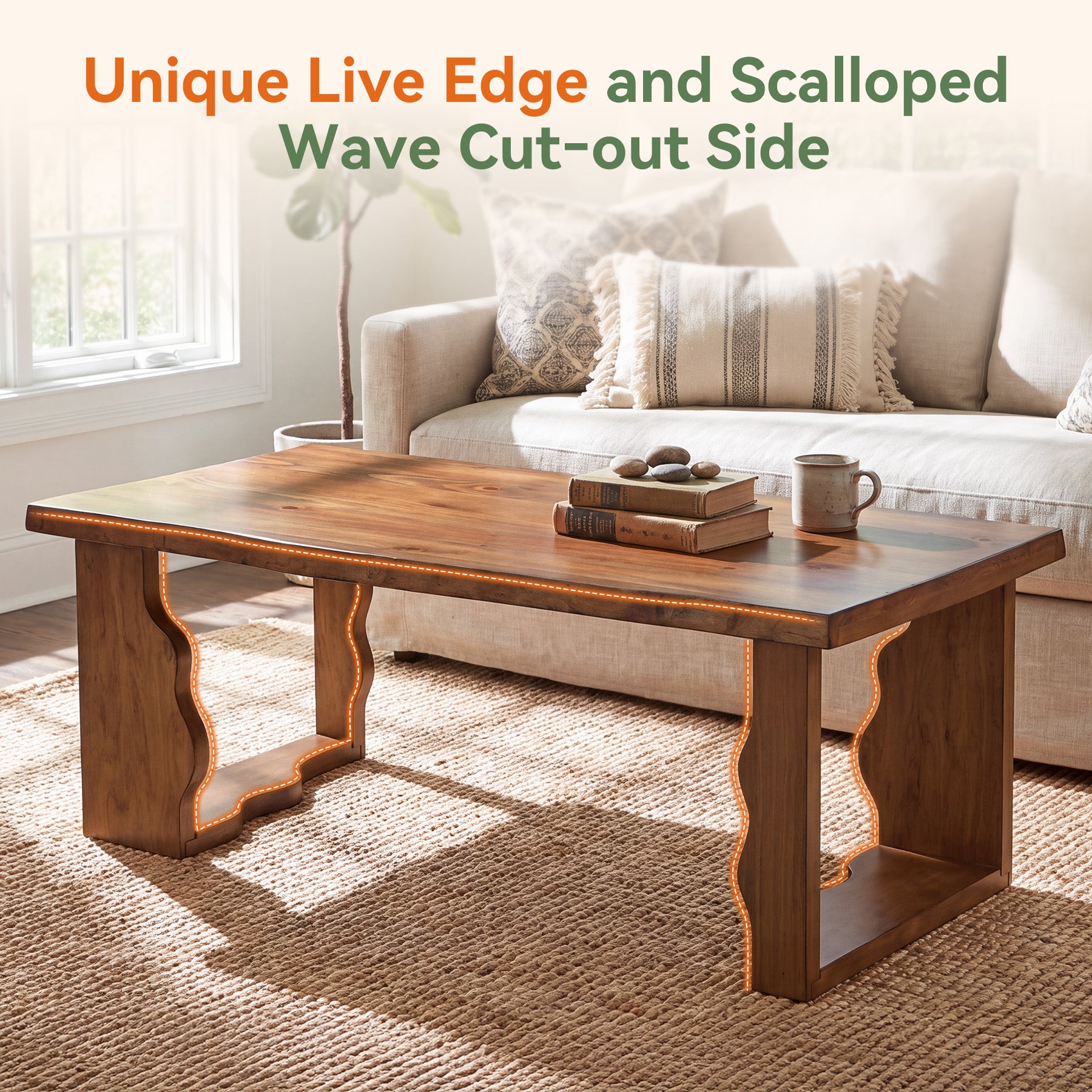 47" Solid Pine Coffee Table, Natural Edge & Cut-Out Legs, Farmhouse Rustic Wood Living Room