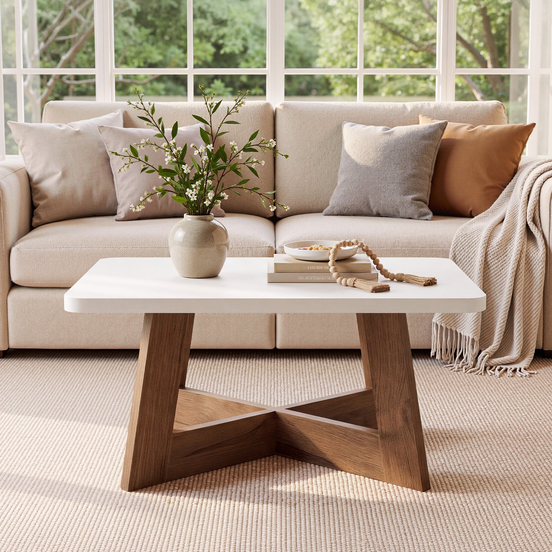 31.5" Square Coffee Table, Modern Cocktail Table with Reinforced Cross Brace for Living Room