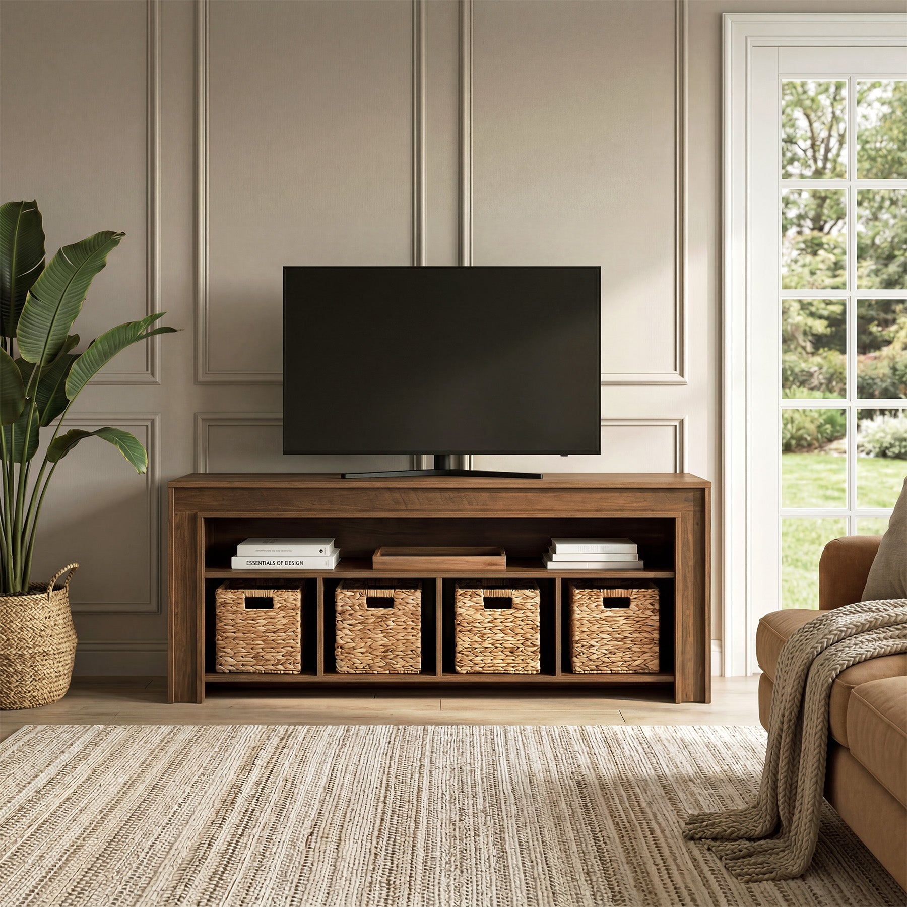 63" Farmhouse TV Stand for 55–70 Inch TVs, Media Console with Baskets & Open Storage