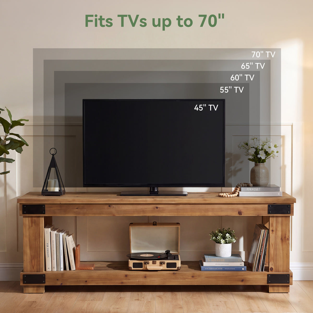 63" Industrial TV Stand, 2-Tier Open Shelf, Solid Wood for 75" TV
