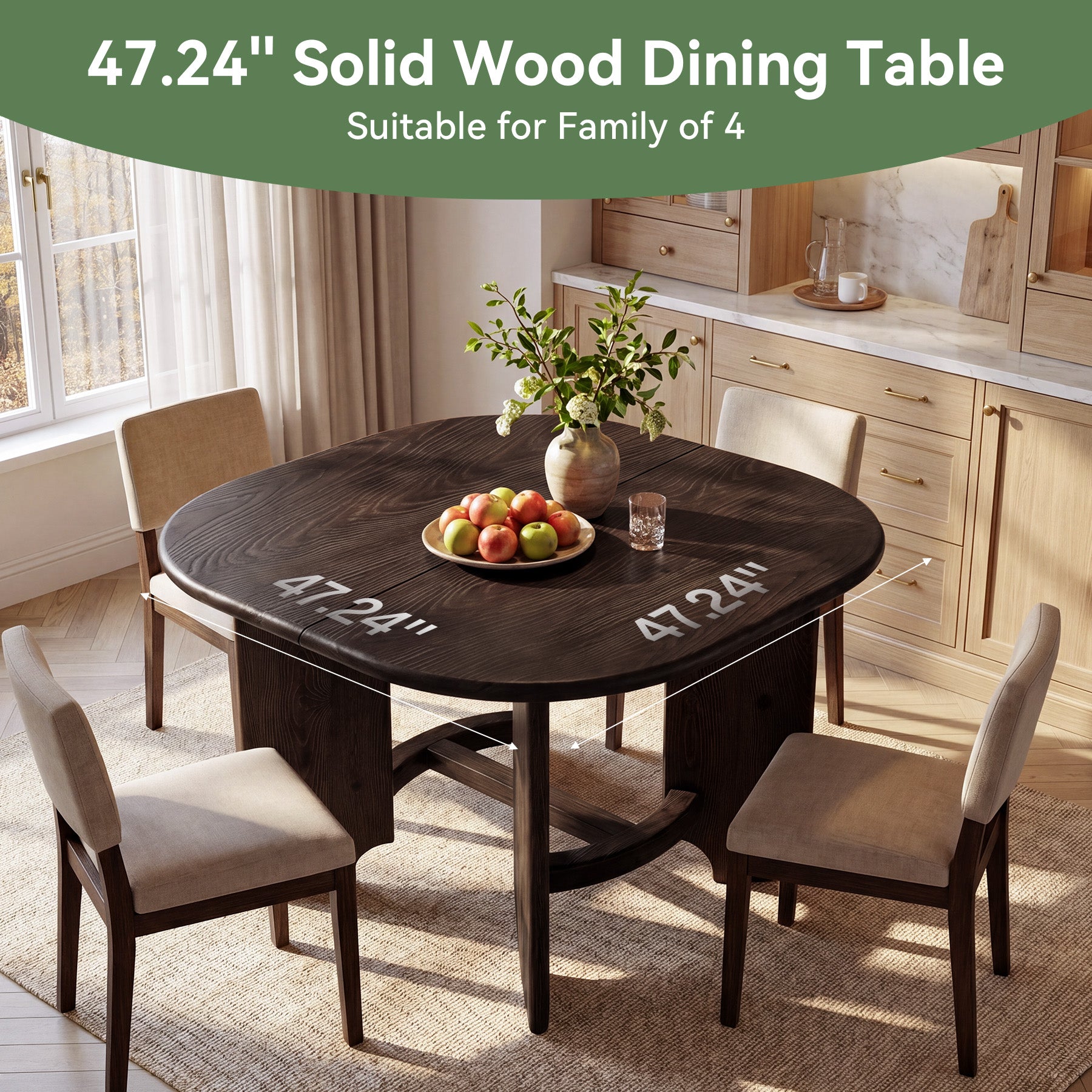47" Solid Wood Square Dining Table for 4, Farmhouse Kitchen & Dining Room Table
