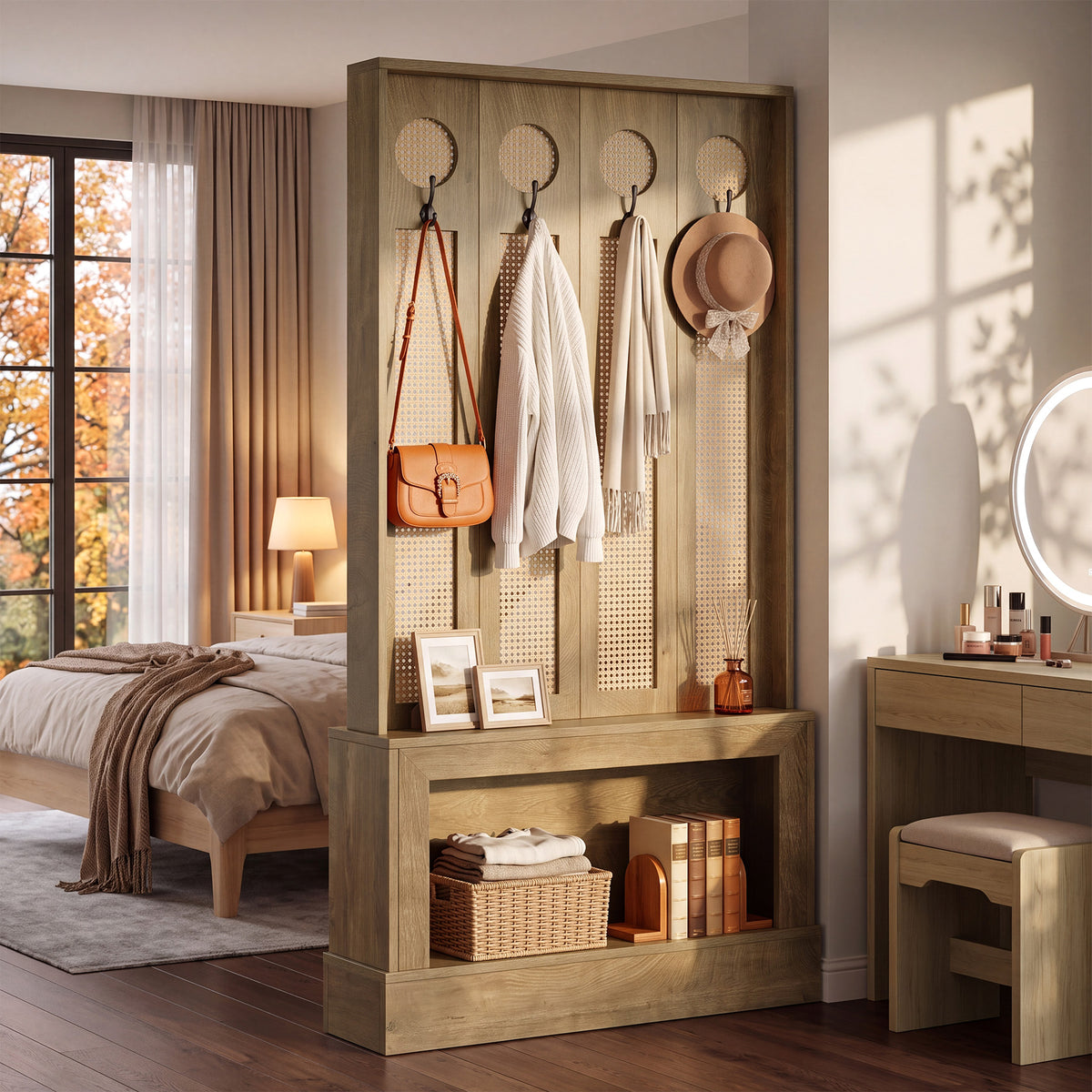 69.7" Wall Room Divider with LED Light, Rattan Room Partition with Shelves & 4 Hooks for Living Room