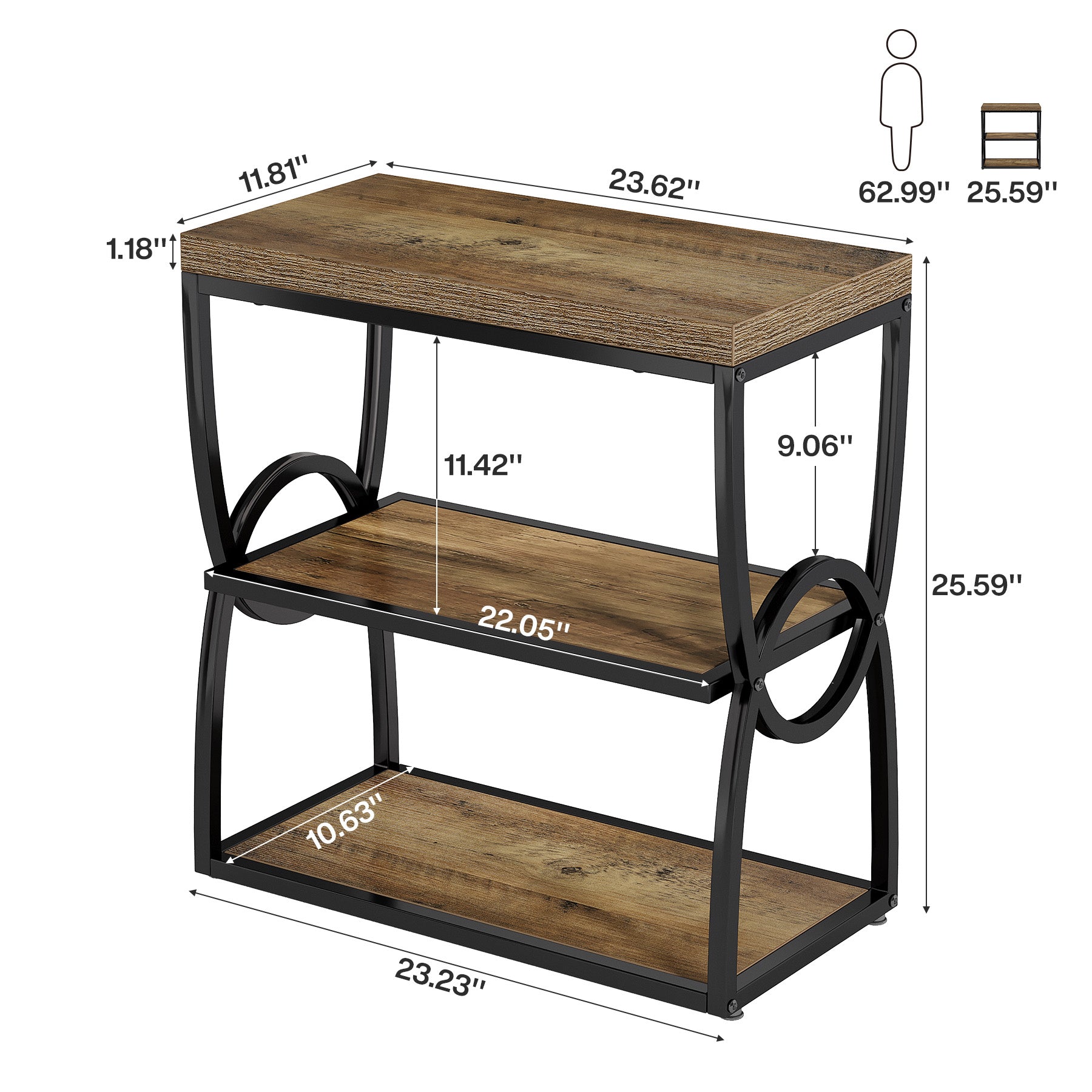 Tribesigns 25.59-Inch Industrial Narrow End Table with 3 Open Shelves, Slim Side Table for Small Spaces