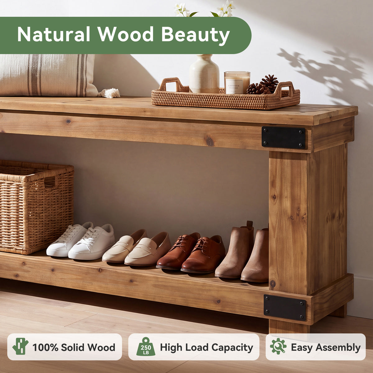 63" Solid Wood Entryway Bench, 2-Tier Shoe Storage, Industrial Hallway Bench