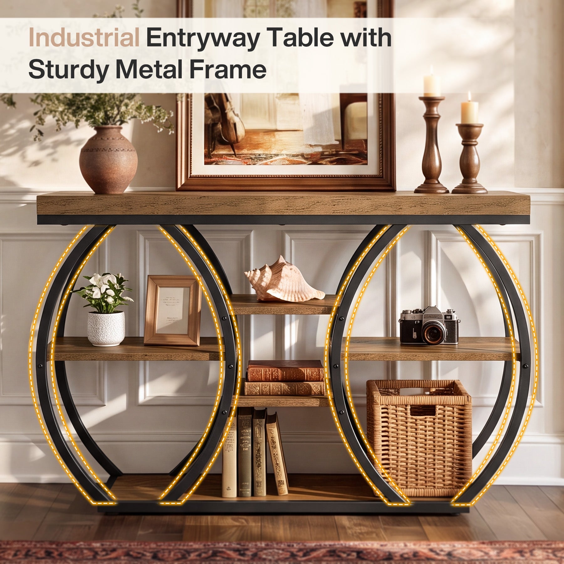 47" Console Table, 4-Tier Narrow Sofa Table with Artistic Curved Metal Frame for Entryway