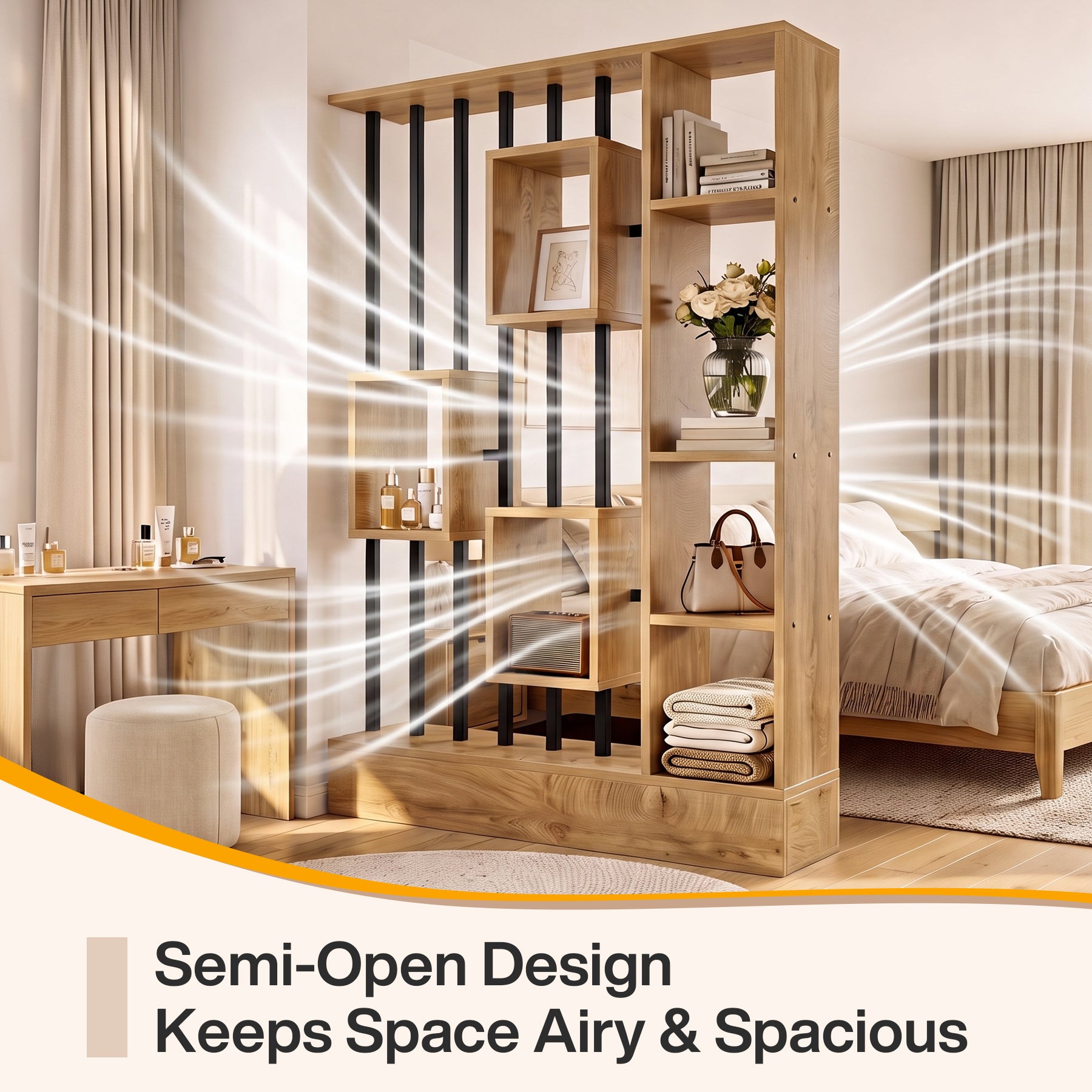 71" Room Divider with Shelves & Coat Hooks, Freestanding Wall Partition, Bedroom Living Room