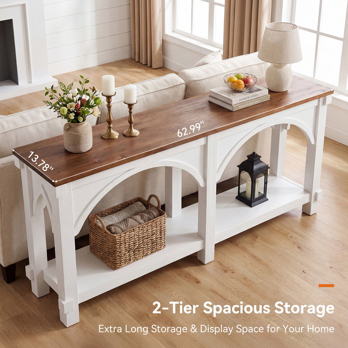 63" Solid Wood Console Table, 2-Tier Sofa Table with Storage Shelves for Entryway