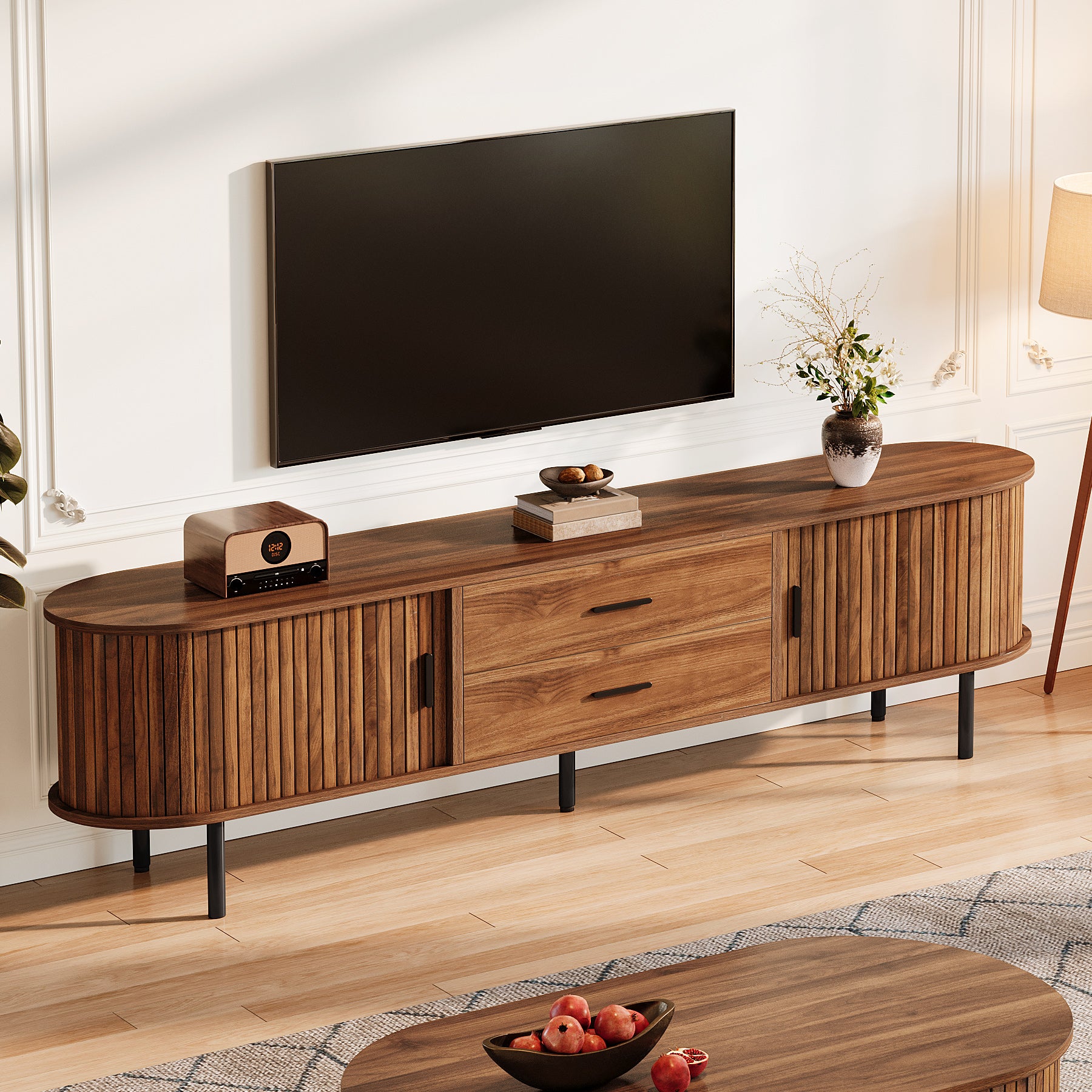 70" TV Stand, Modern Media Console with Storage and Sliding Tambour Door