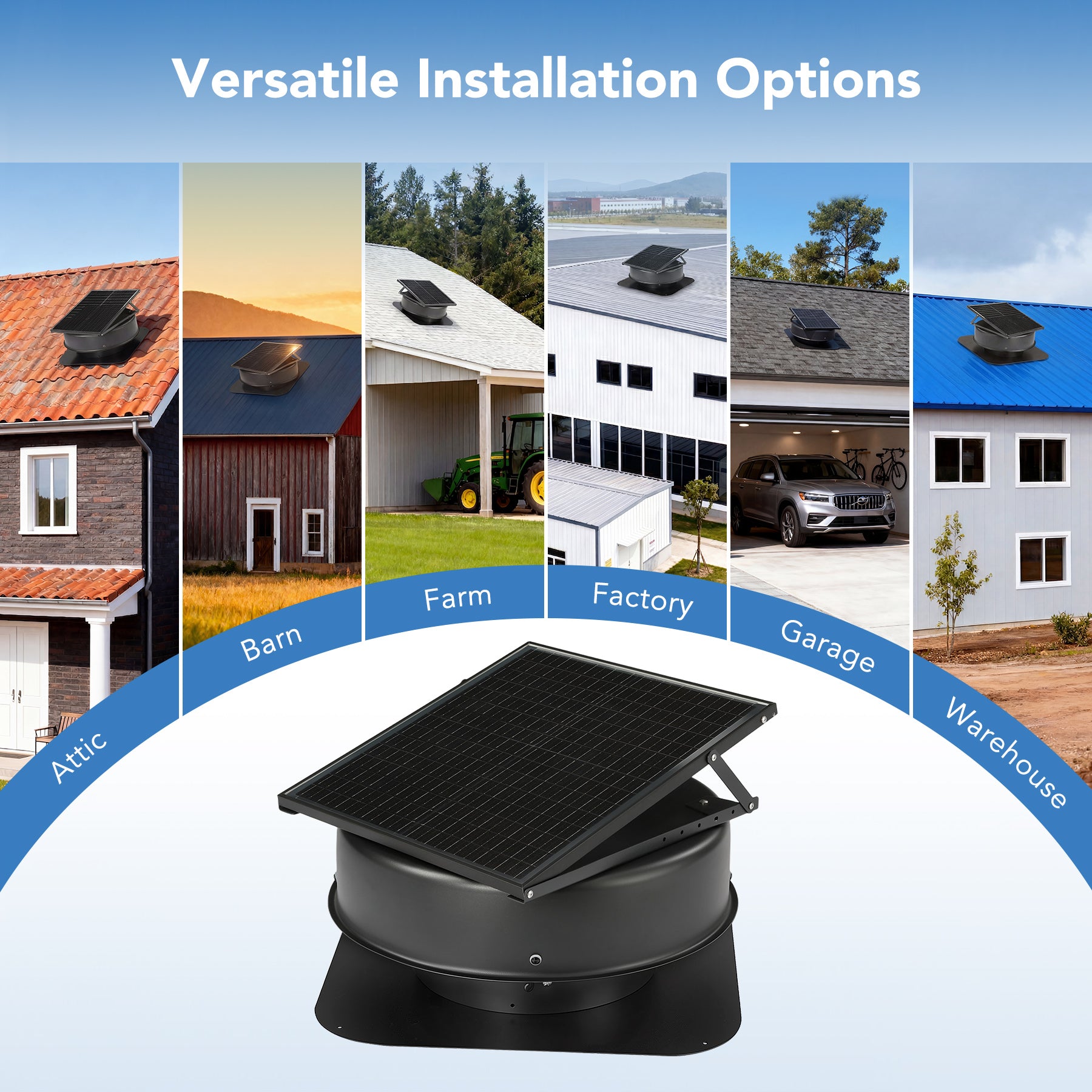 50W Solar Attic Fan with 2500 CFM & Smart Thermostat / Humidity / Smoke Sensor