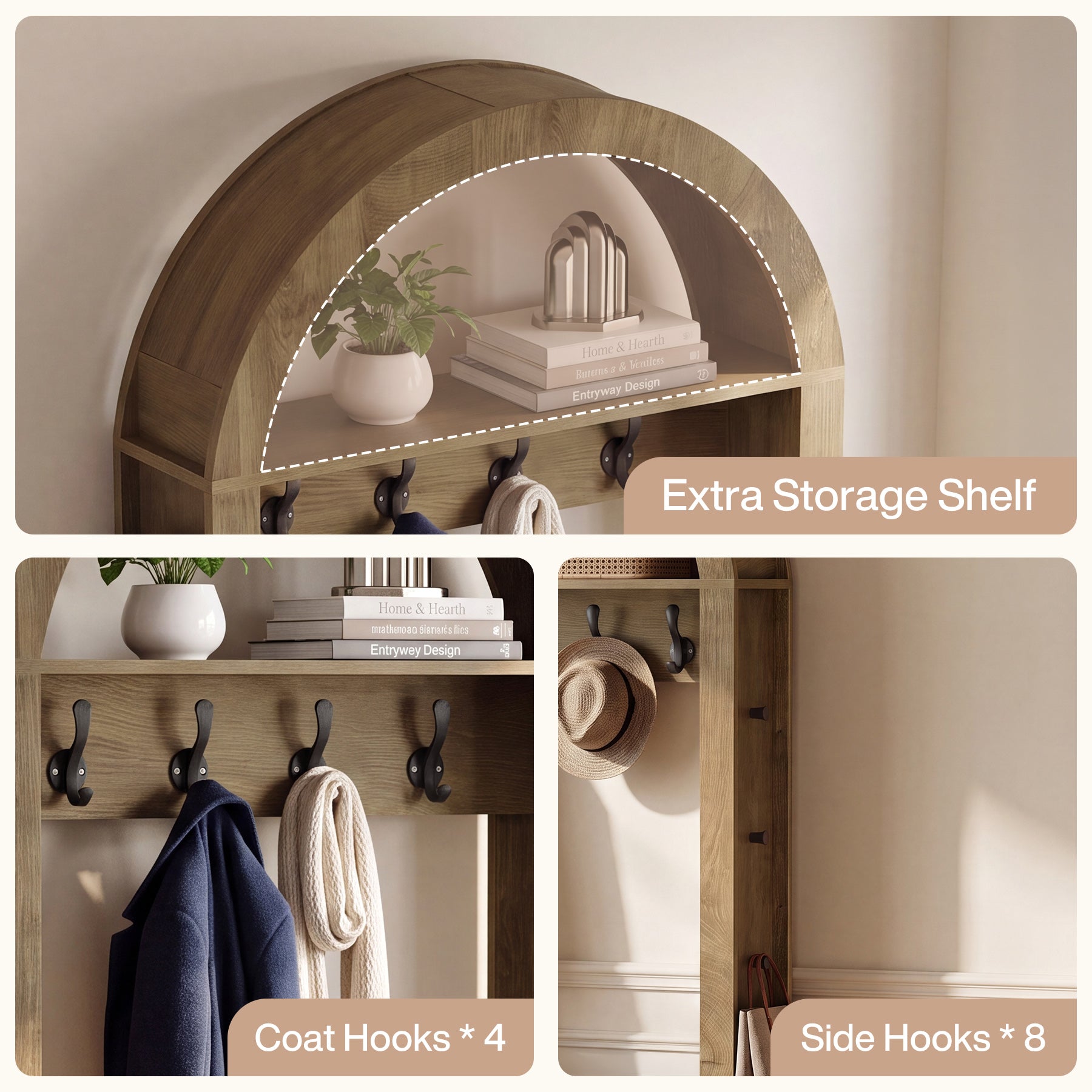 5-in-1 Hall Tree with Bench and Shoe Storage for Entryway - Arched Design, 12 Hooks