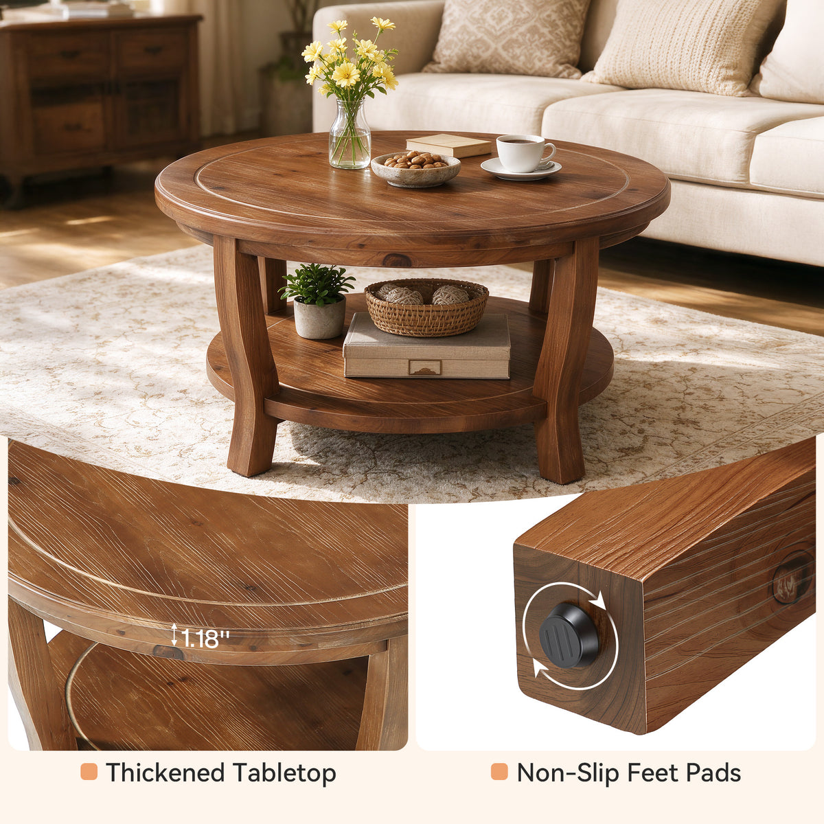 31.5" Round Solid Wood Coffee Table, 2-Tier Farmhouse Center Table with Curved Legs