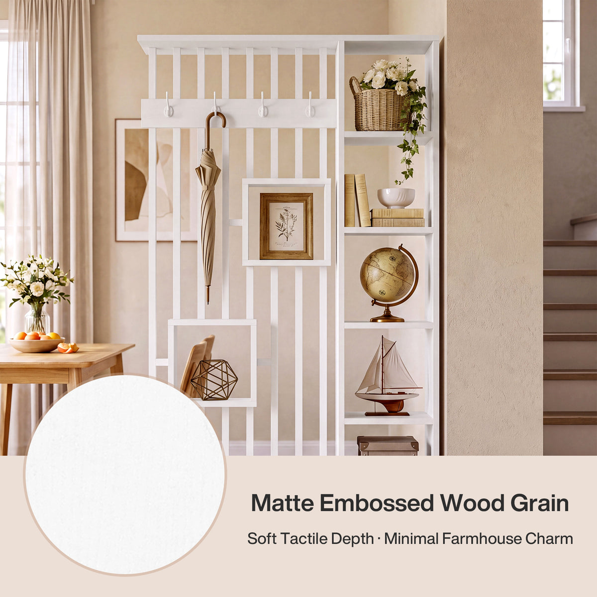 71" Room Divider with Shelves, Modern Wall Partition with Coat Hooks & Open Display Shelf