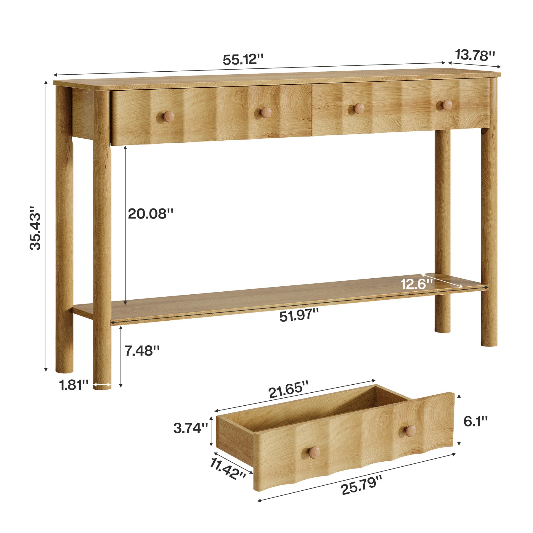 55" Console Table with 2 Drawers, Fluted Entryway Sofa Table with Open Shelf