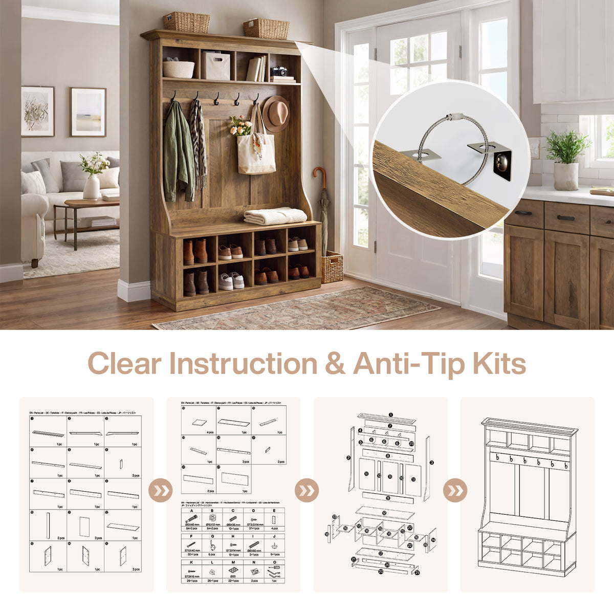 4-in-1 Hall Tree with Bench & Shoe Storage, 70.9" H Entryway Coat Rack with 6 Hooks, 12 Cubbies