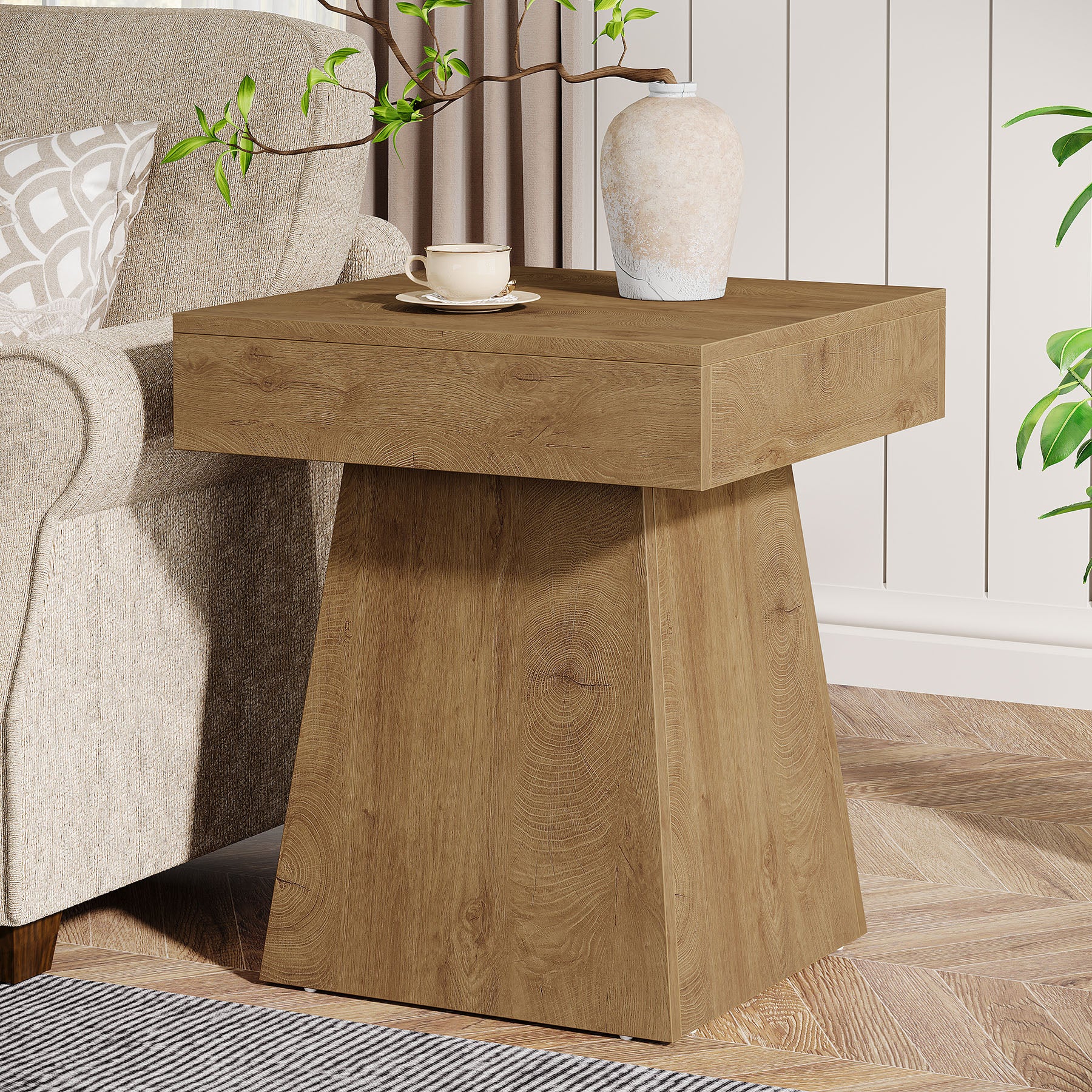 16.9" Farmhouse End Table, Square Side Table Nightstand with Wide Base