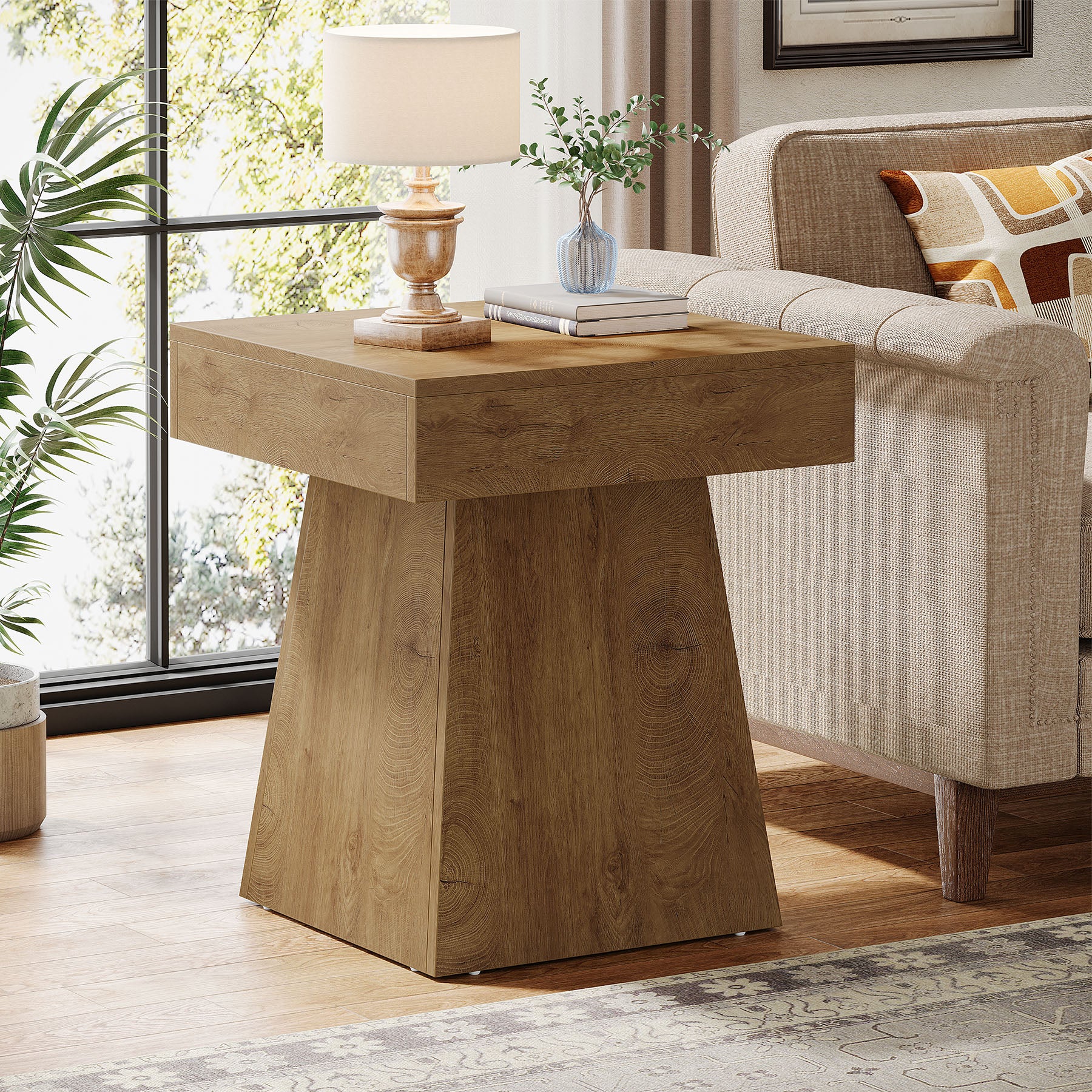 16.9" Farmhouse End Table, Square Side Table Nightstand with Wide Base
