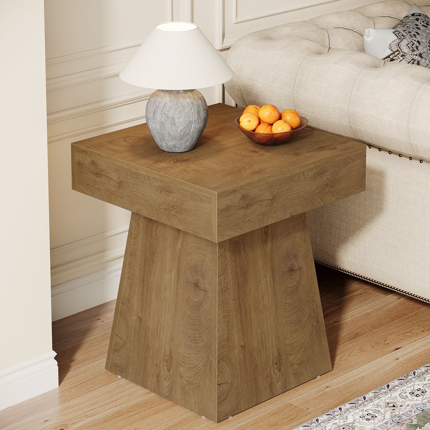 16.9" Farmhouse End Table, Square Side Table Nightstand with Wide Base